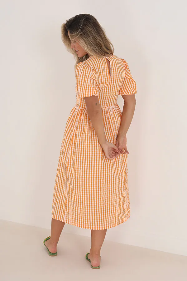 ORANGE GINGHAM PRINT MIDI LENGTH WOVEN DRESS
