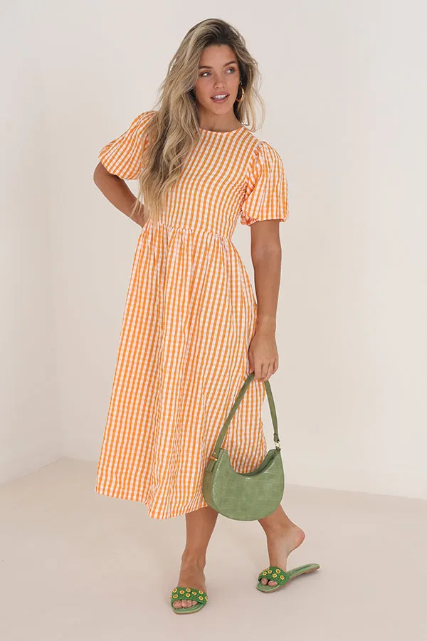 ORANGE GINGHAM PRINT MIDI LENGTH WOVEN DRESS