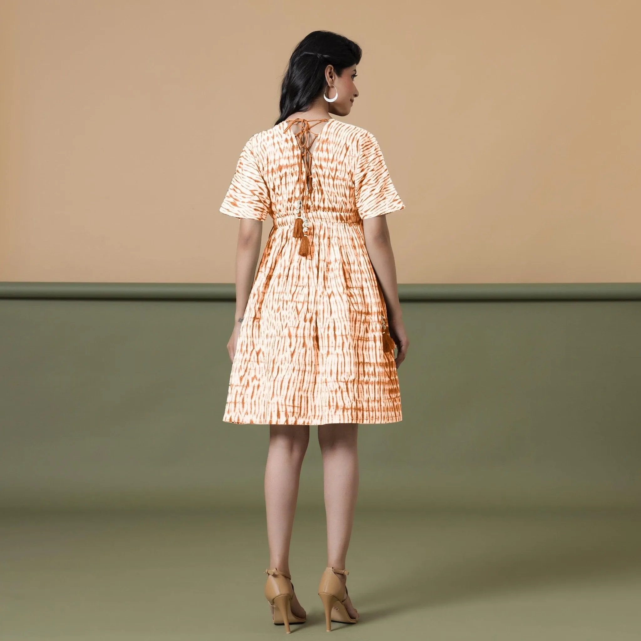 Orange Green Tie-Dye Cotton Knee Length Fit and Flare Dress