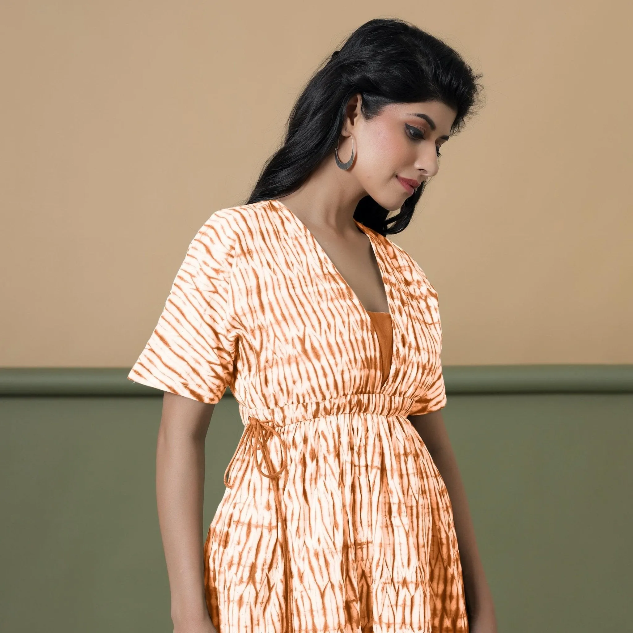 Orange Green Tie-Dye Cotton Knee Length Fit and Flare Dress