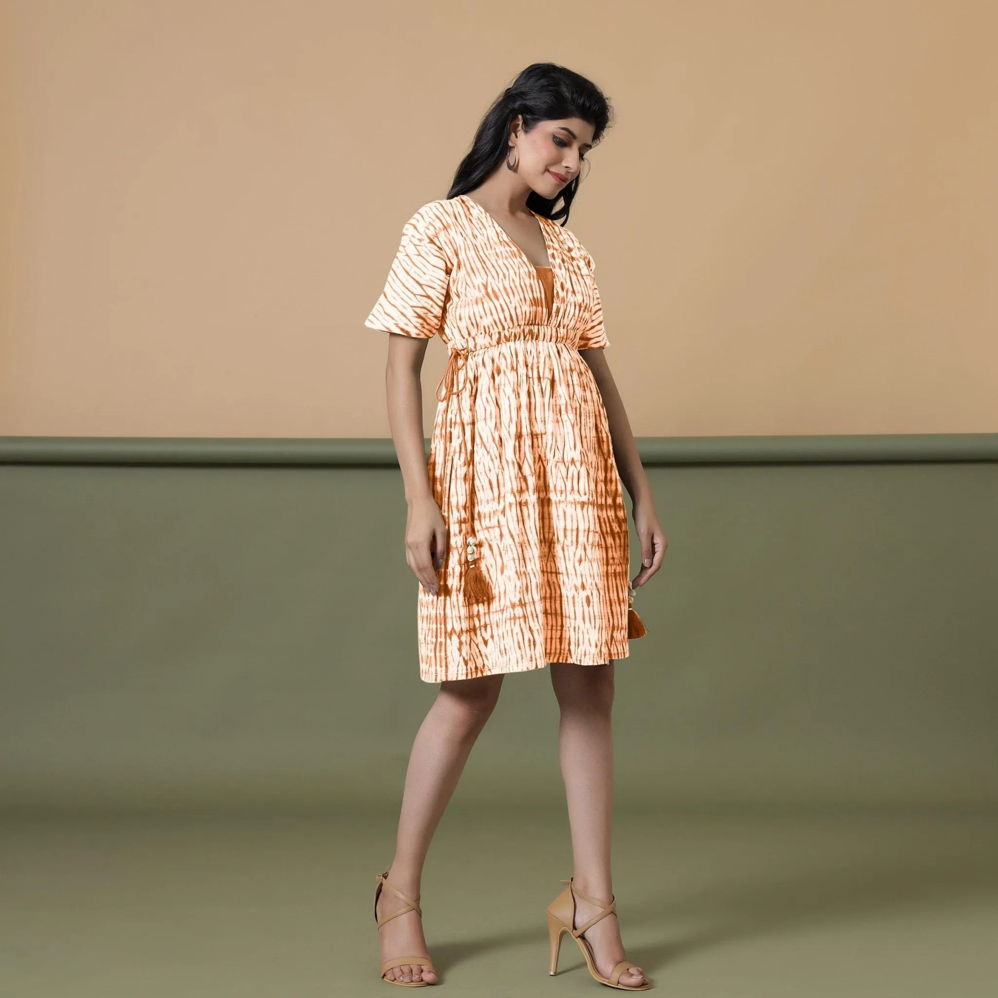 Orange Green Tie-Dye Cotton Knee Length Fit and Flare Dress