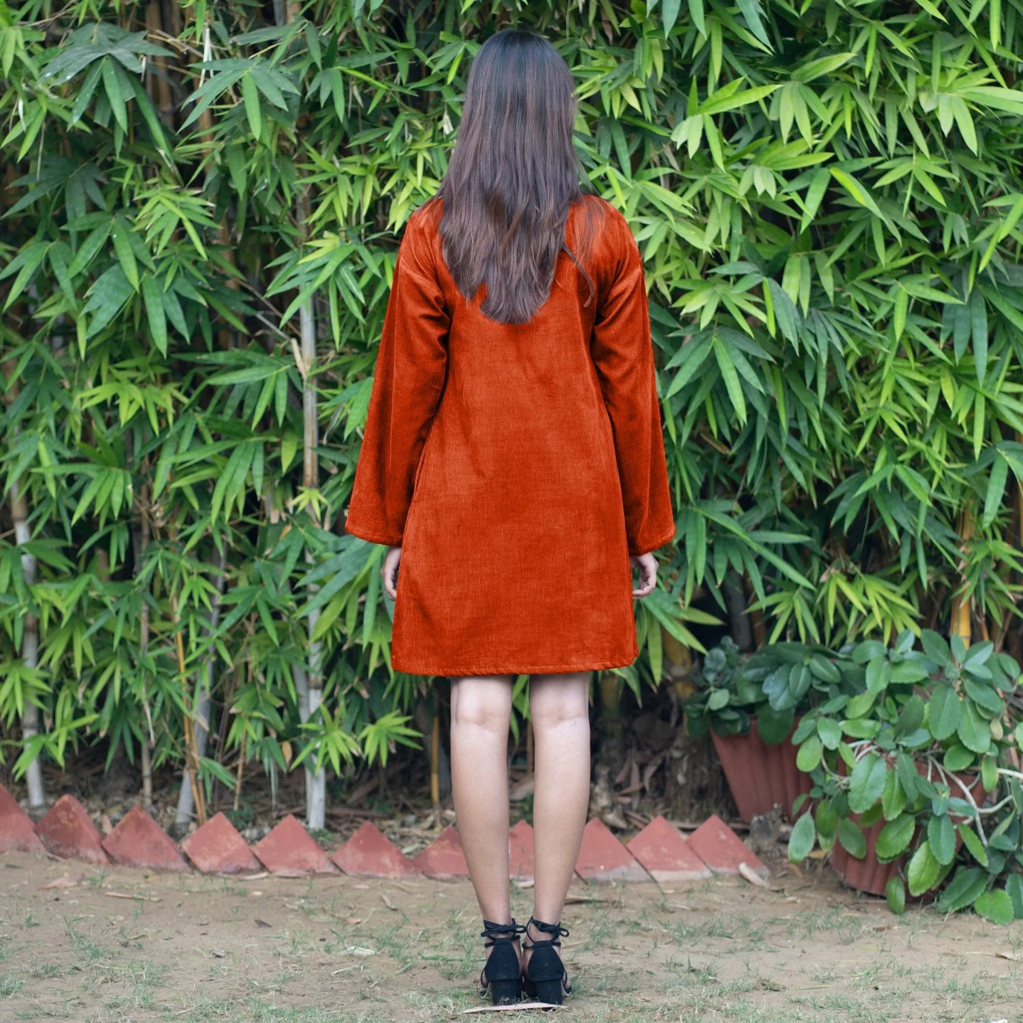 Orange Warm Cotton Corduroy A-Line Short Dress