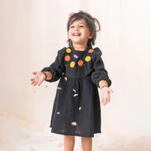 Organic Cotton Muslin Dress for Girls | With Rose Hair Tie Band | Black
