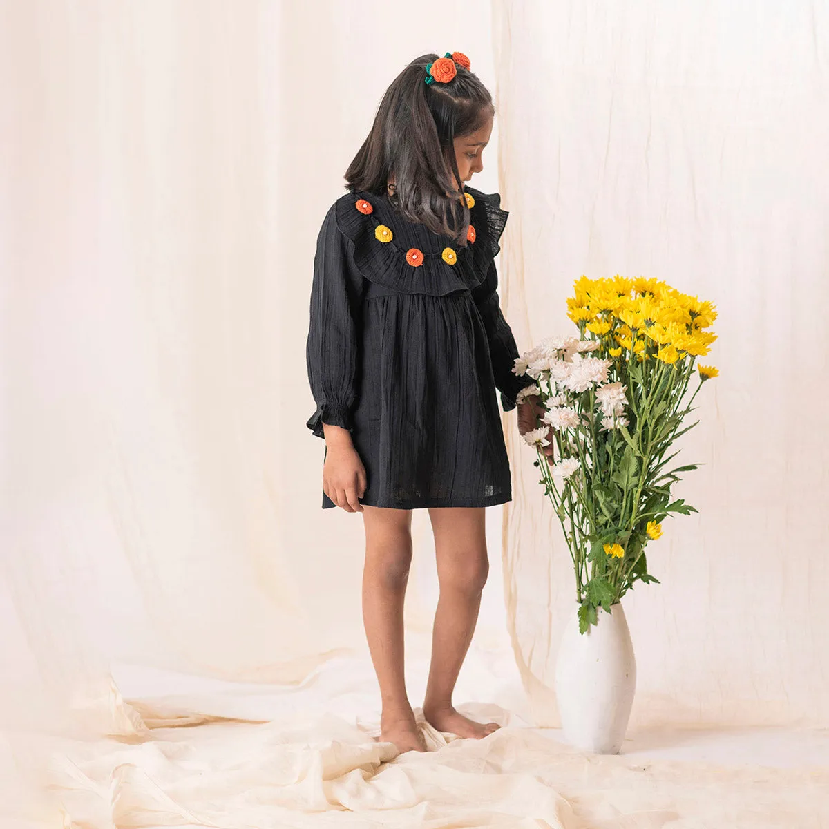 Organic Cotton Muslin Dress for Girls | With Rose Hair Tie Band | Black
