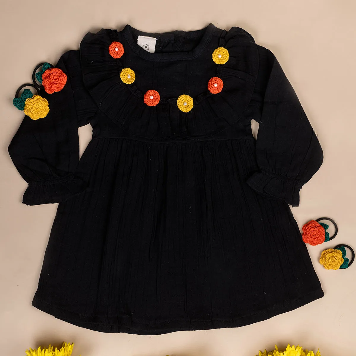 Organic Cotton Muslin Dress for Girls | With Rose Hair Tie Band | Black
