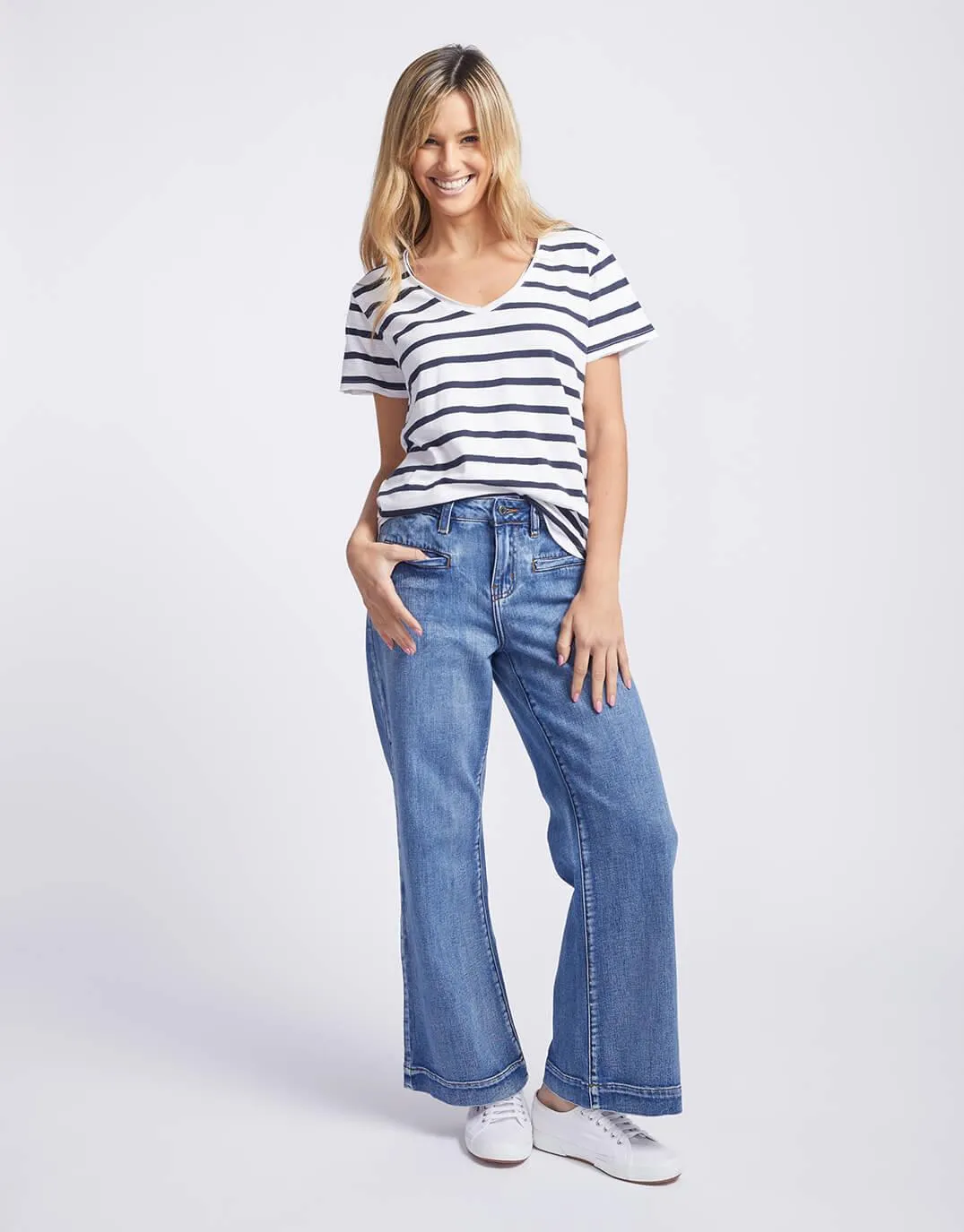 Original V Neck T-Shirt - Navy/White Stripe
