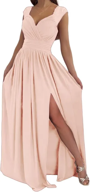 Party Dresses for Women Elegant V Neck Sleeveless Lace Strap Maxi Dress Dressy Tunic Split Ruffle Hem Evening Dress
