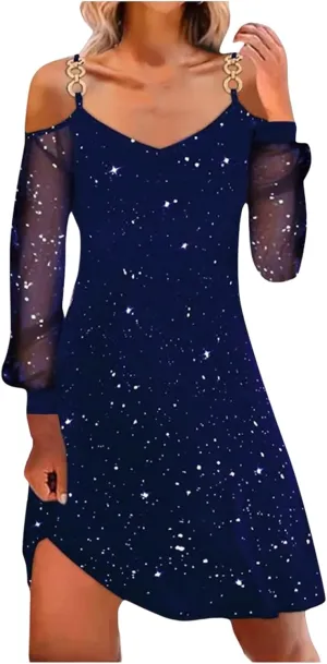 Party Dresses for Women Sexy V Neck Mesh Long Sleeve Strap Off Shoulder Mni Dress Summer Slim Fit Printed Sundress