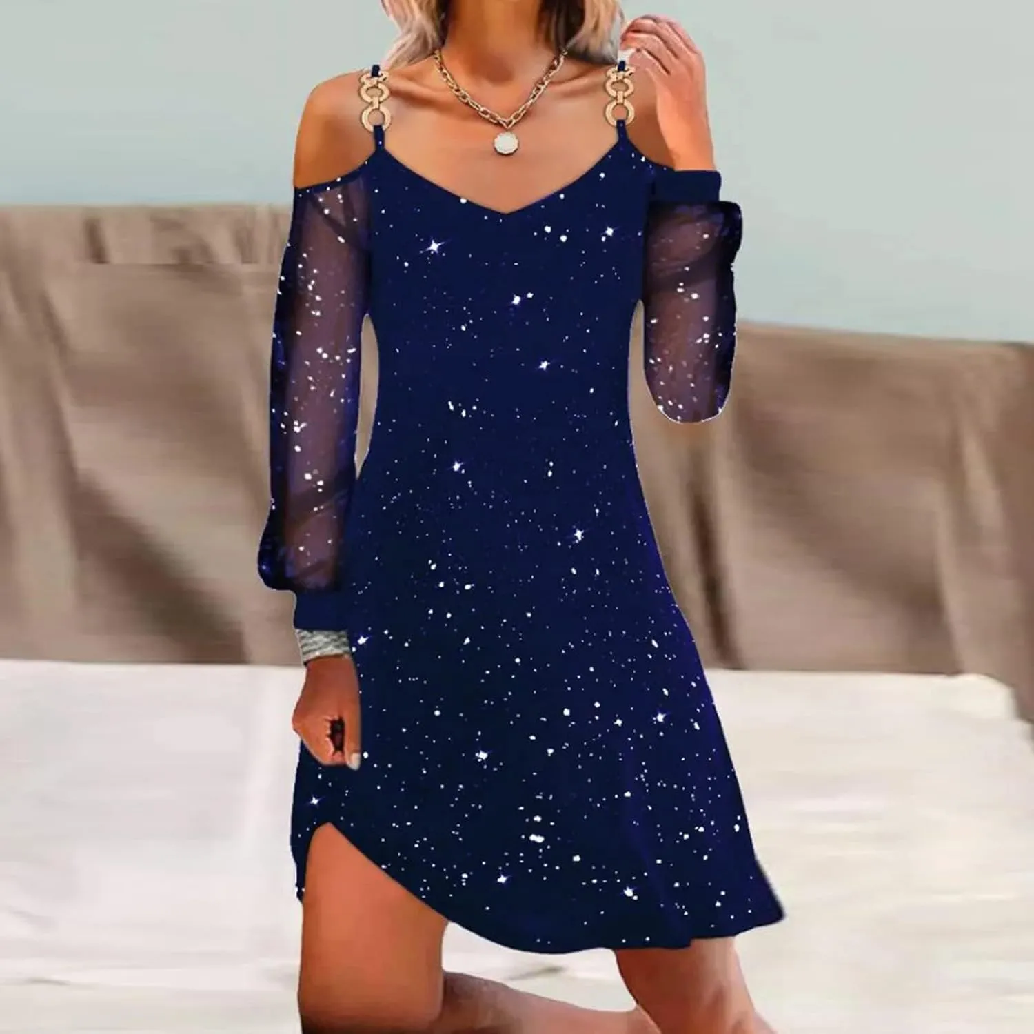 Party Dresses for Women Sexy V Neck Mesh Long Sleeve Strap Off Shoulder Mni Dress Summer Slim Fit Printed Sundress