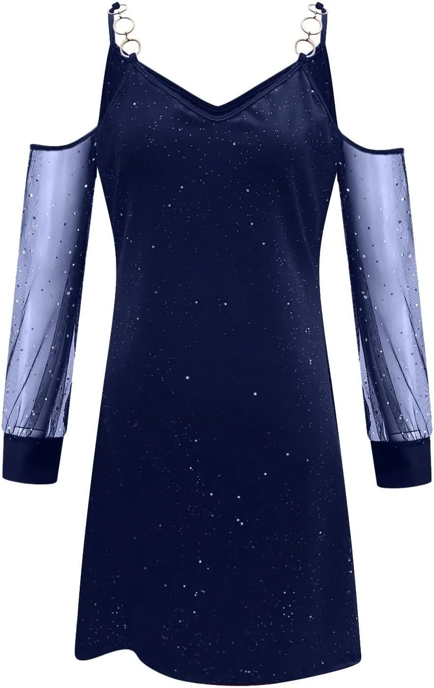 Party Dresses for Women Sexy V Neck Mesh Long Sleeve Strap Off Shoulder Mni Dress Summer Slim Fit Printed Sundress