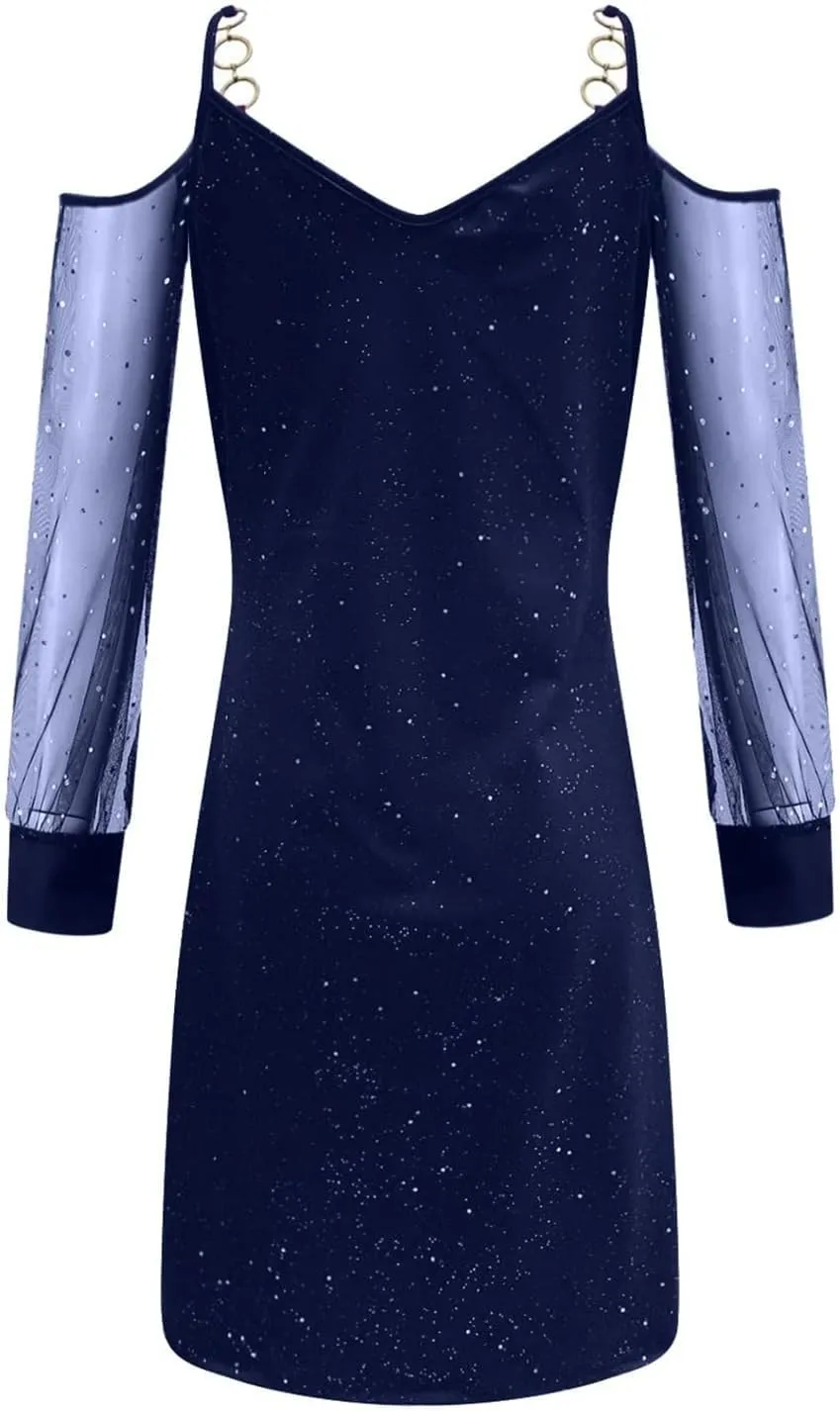 Party Dresses for Women Sexy V Neck Mesh Long Sleeve Strap Off Shoulder Mni Dress Summer Slim Fit Printed Sundress