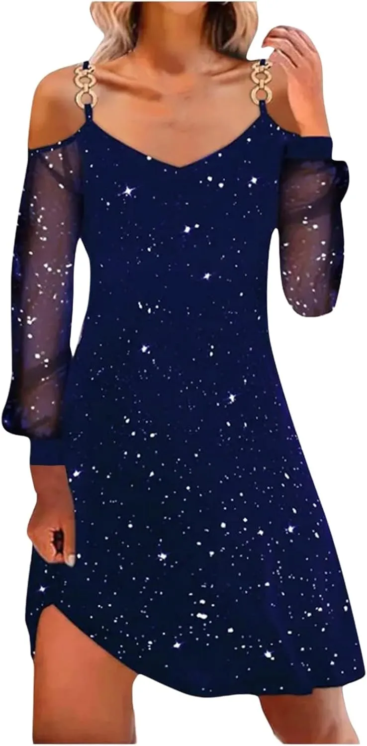 Party Dresses for Women Sexy V Neck Mesh Long Sleeve Strap Off Shoulder Mni Dress Summer Slim Fit Printed Sundress