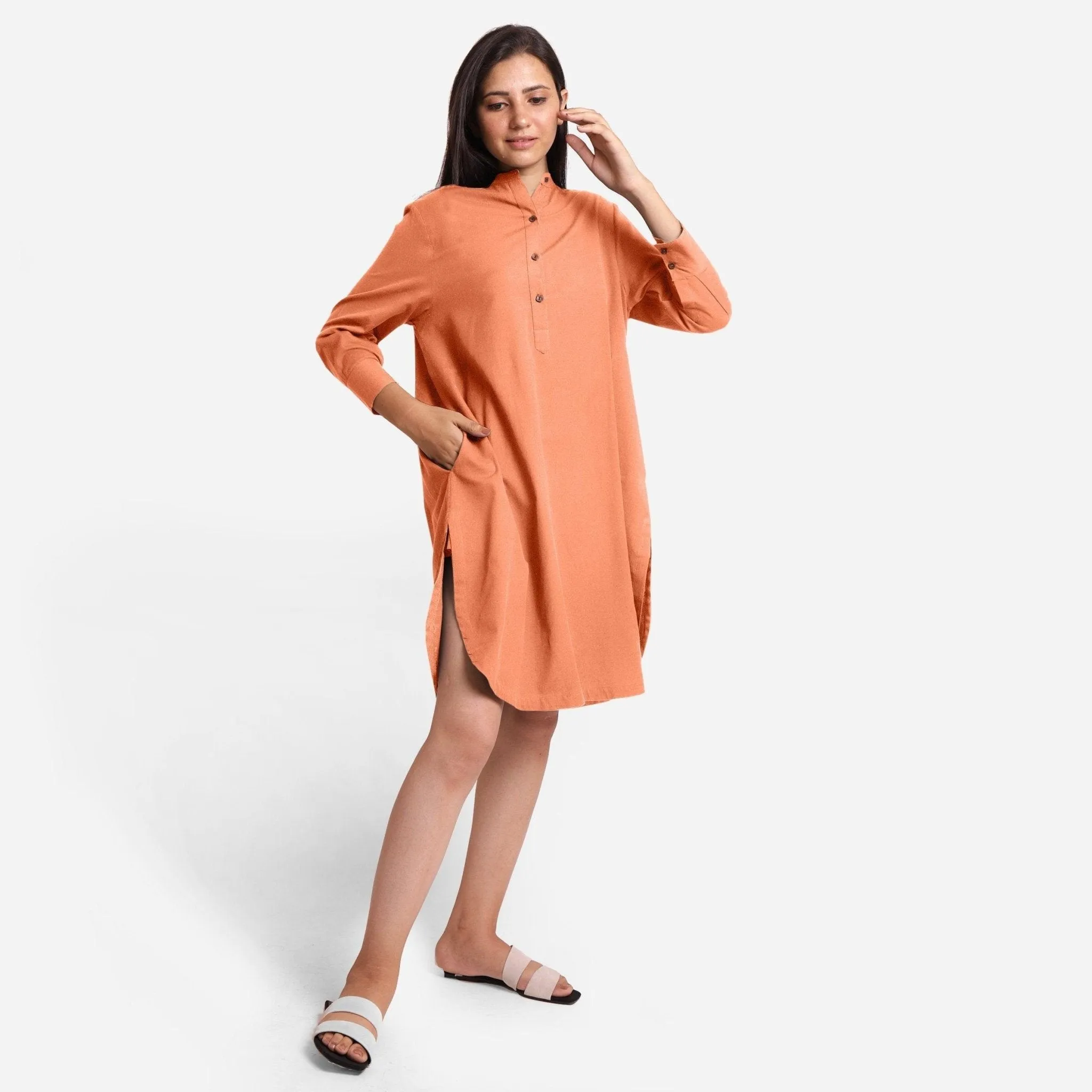 Peach Cotton Flax Knee Length Shirt Dress