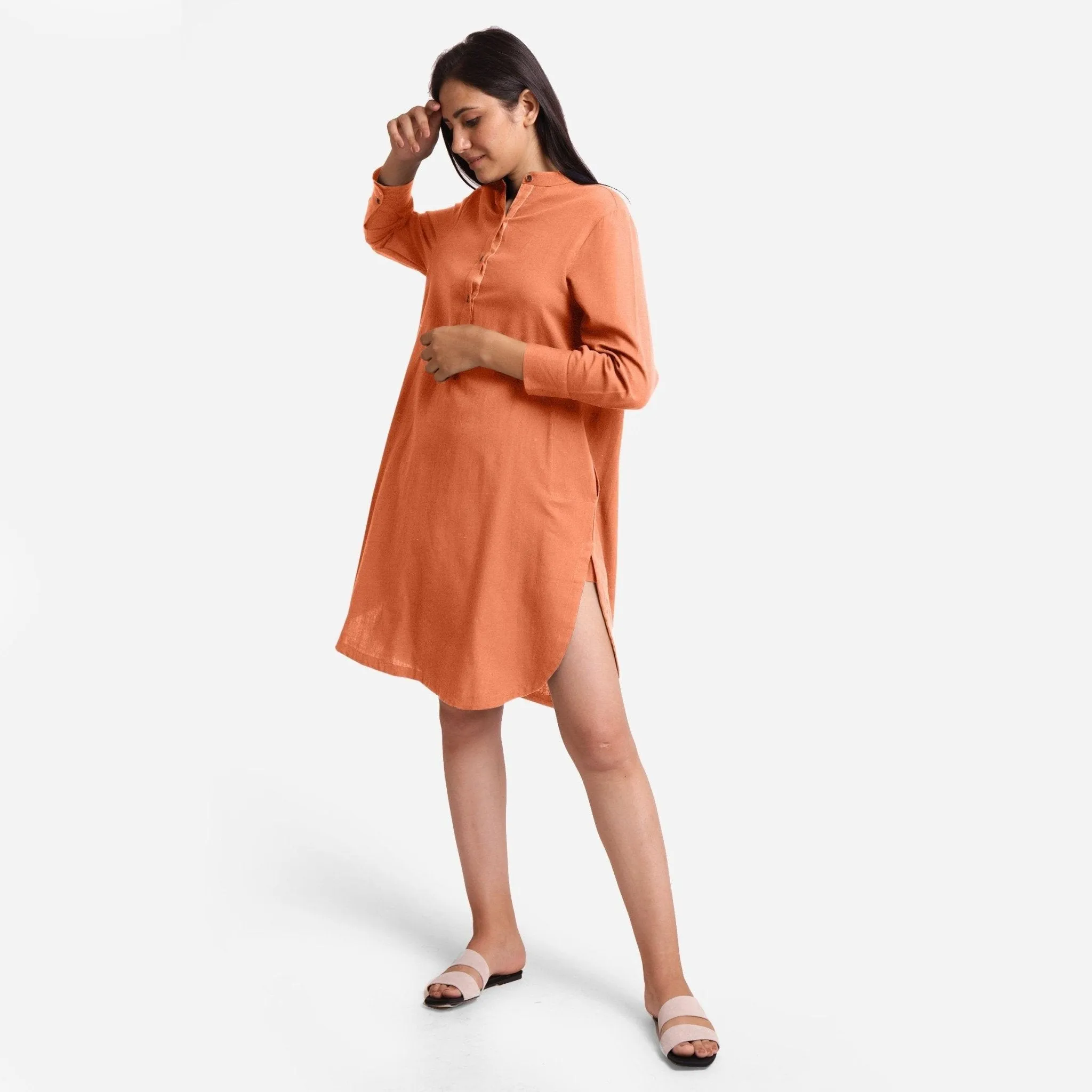 Peach Cotton Flax Knee Length Shirt Dress