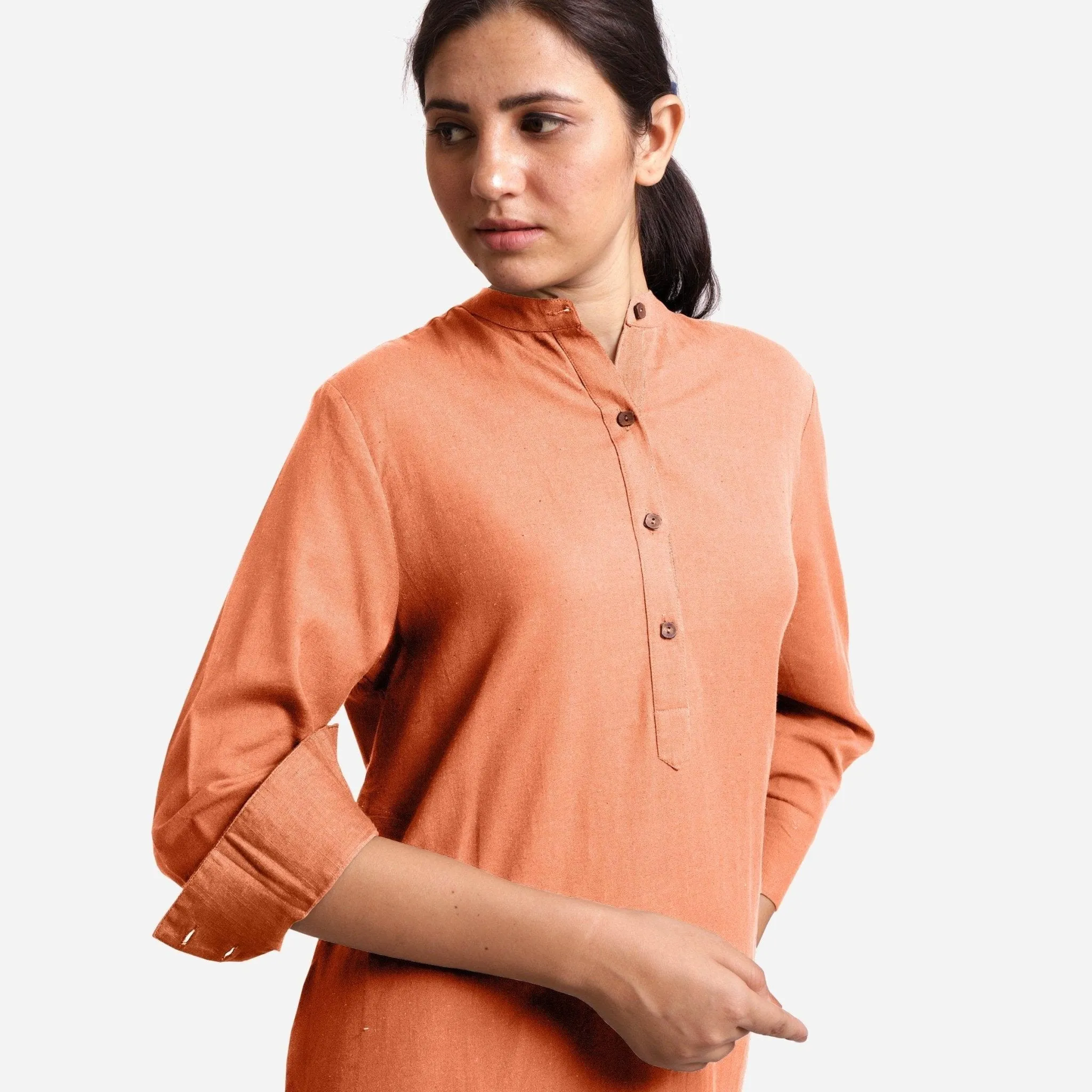 Peach Cotton Flax Knee Length Shirt Dress