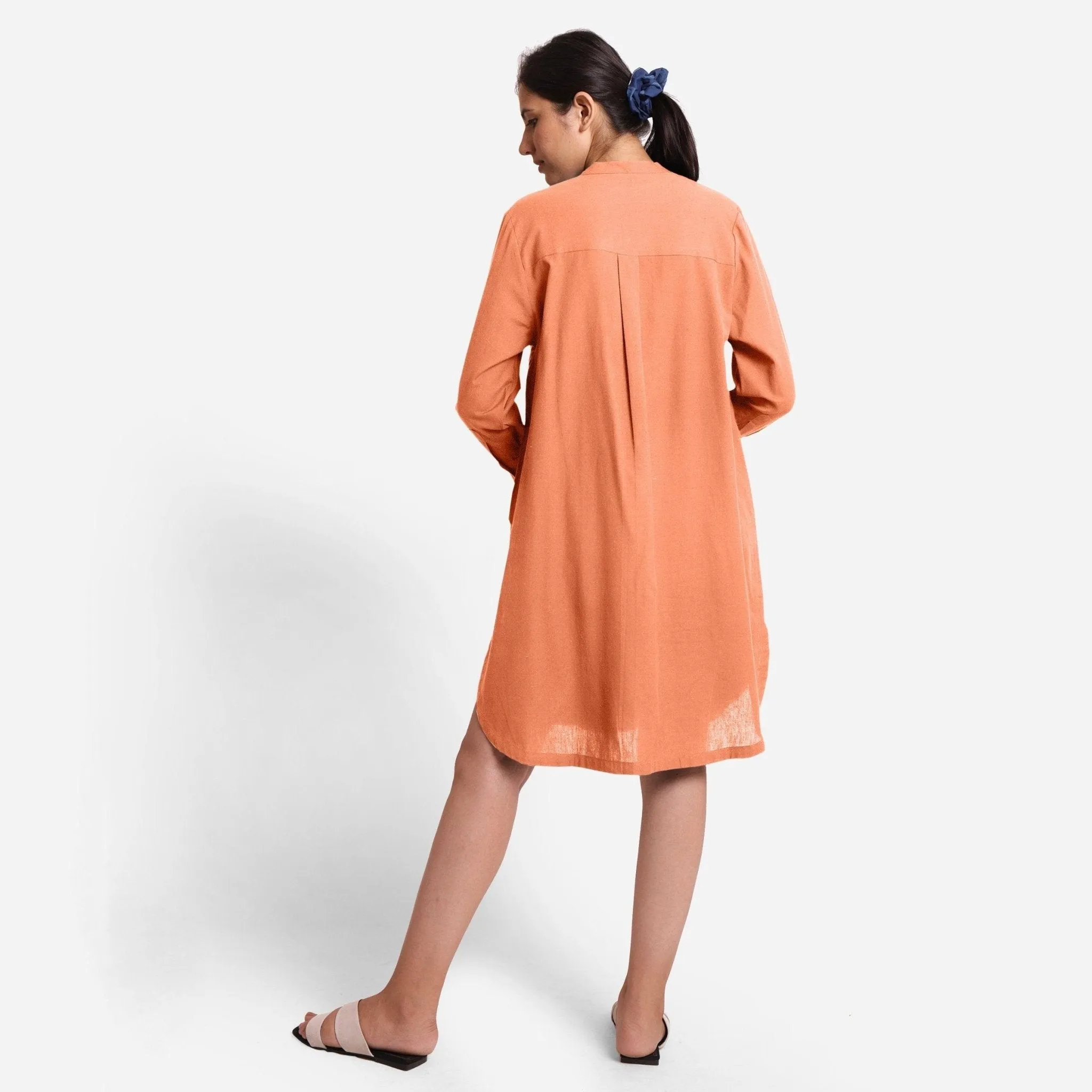Peach Cotton Flax Knee Length Shirt Dress