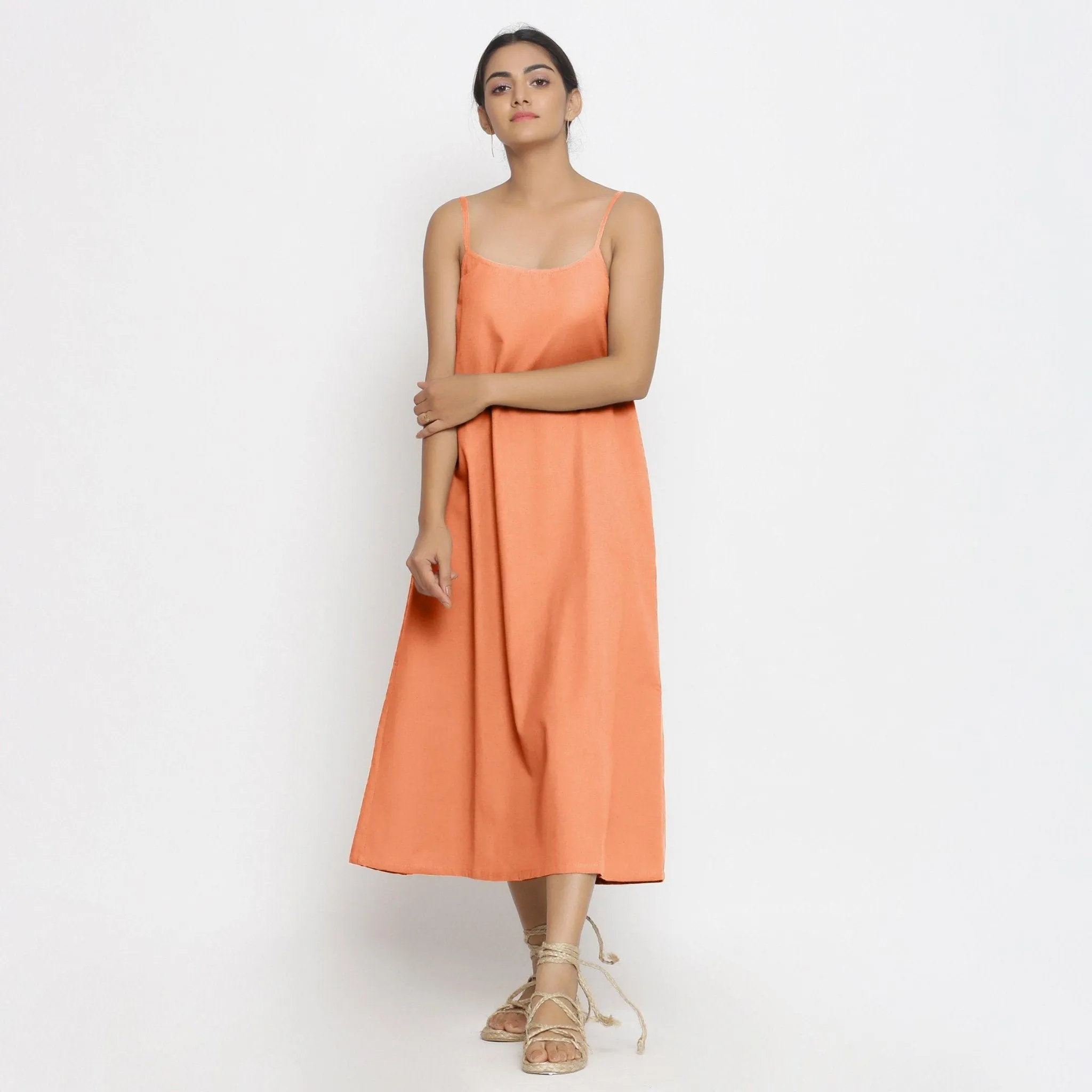 Peach Cotton Flax Strappy A-Line Midi Dress