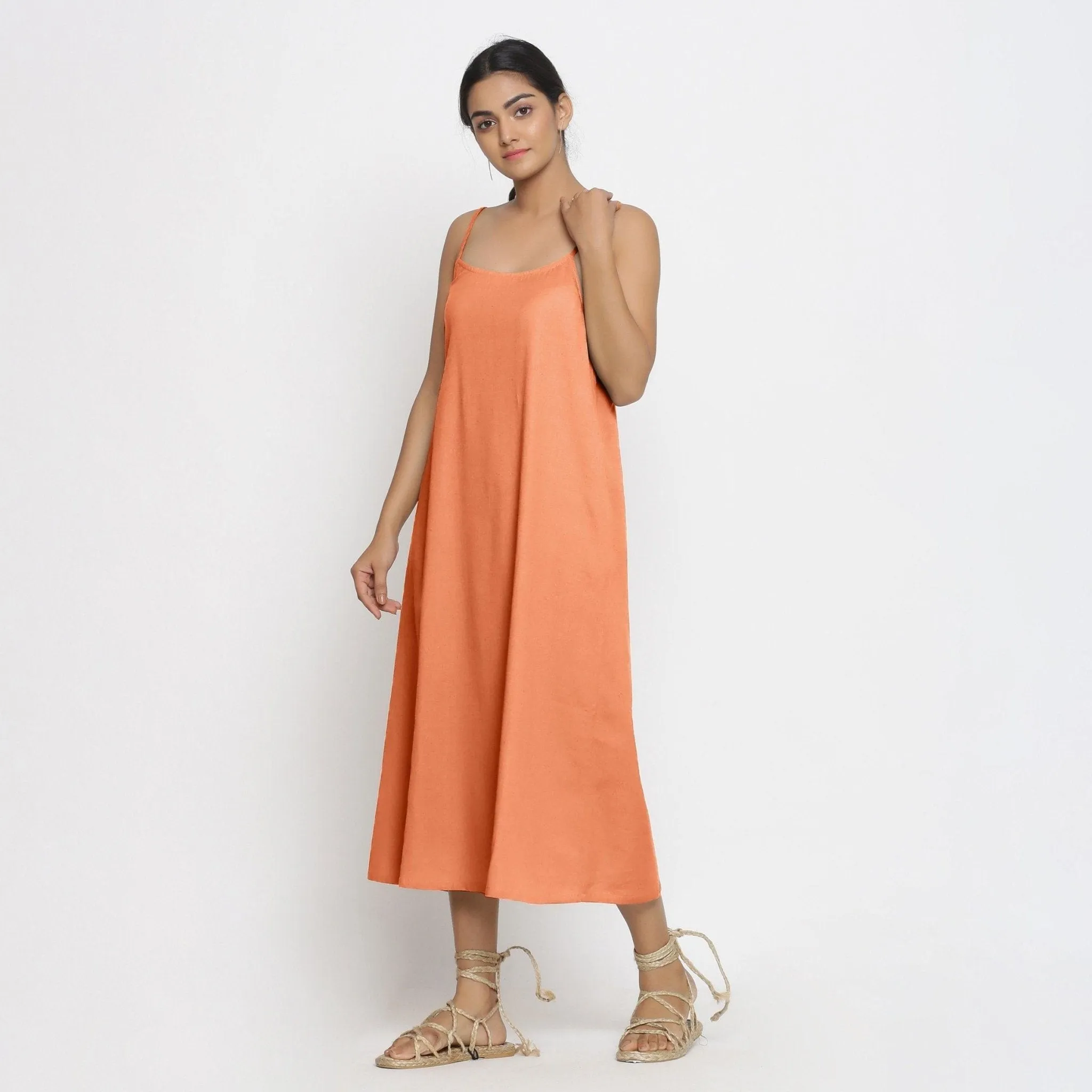 Peach Cotton Flax Strappy A-Line Midi Dress