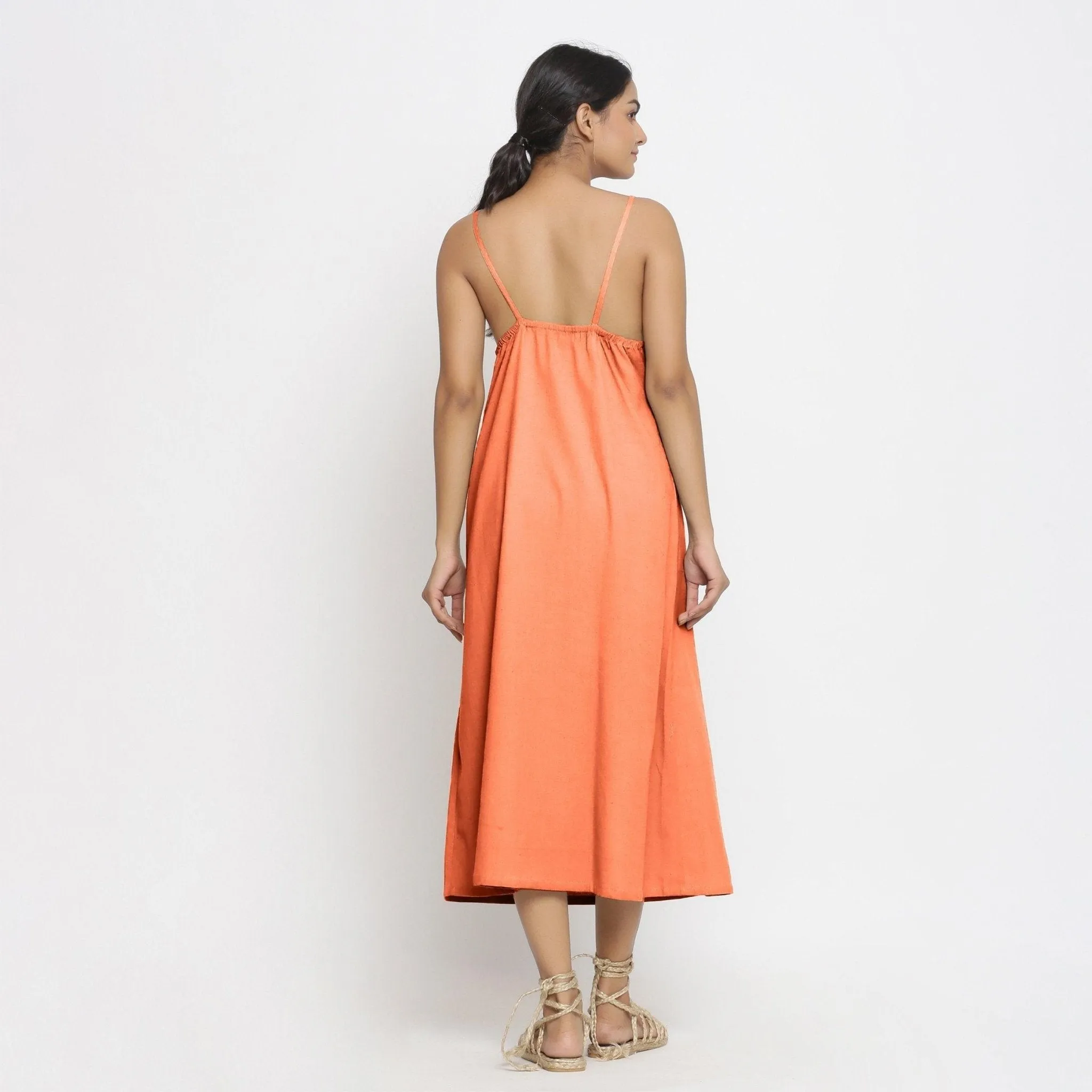 Peach Cotton Flax Strappy A-Line Midi Dress