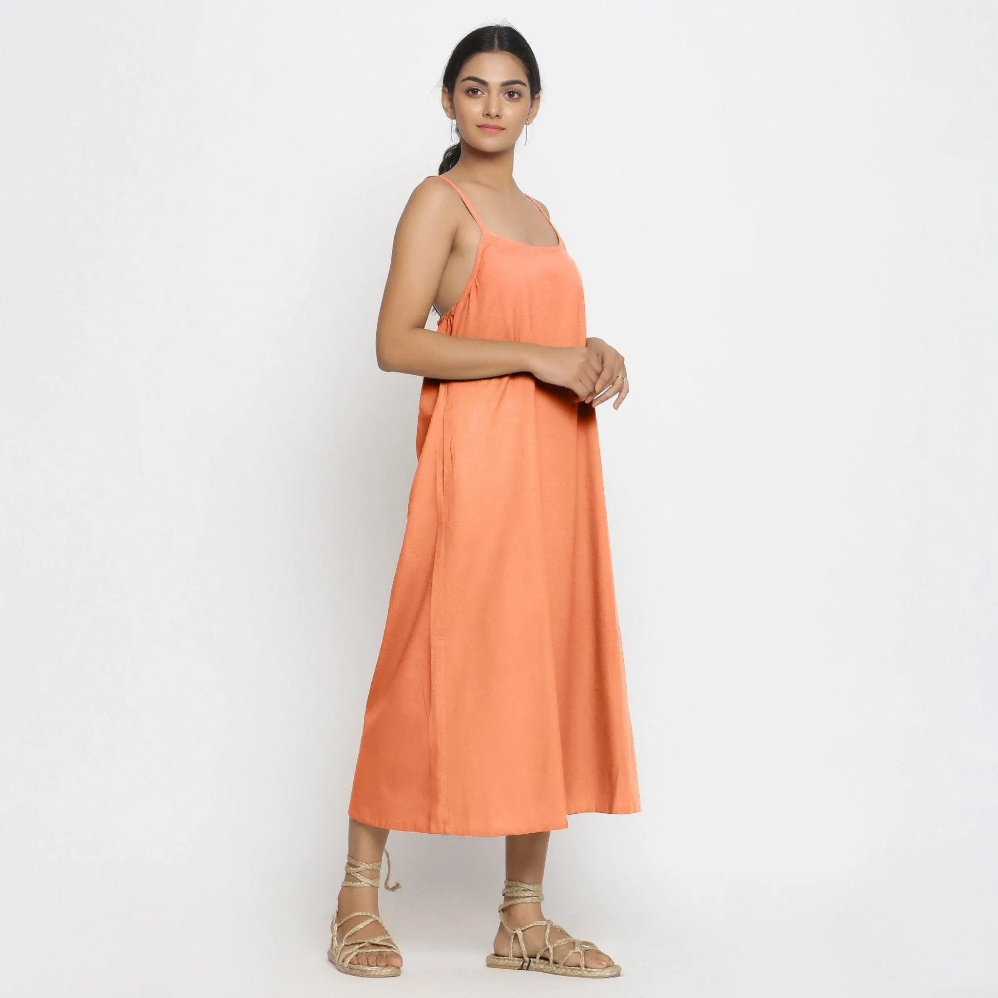 Peach Cotton Flax Strappy A-Line Midi Dress