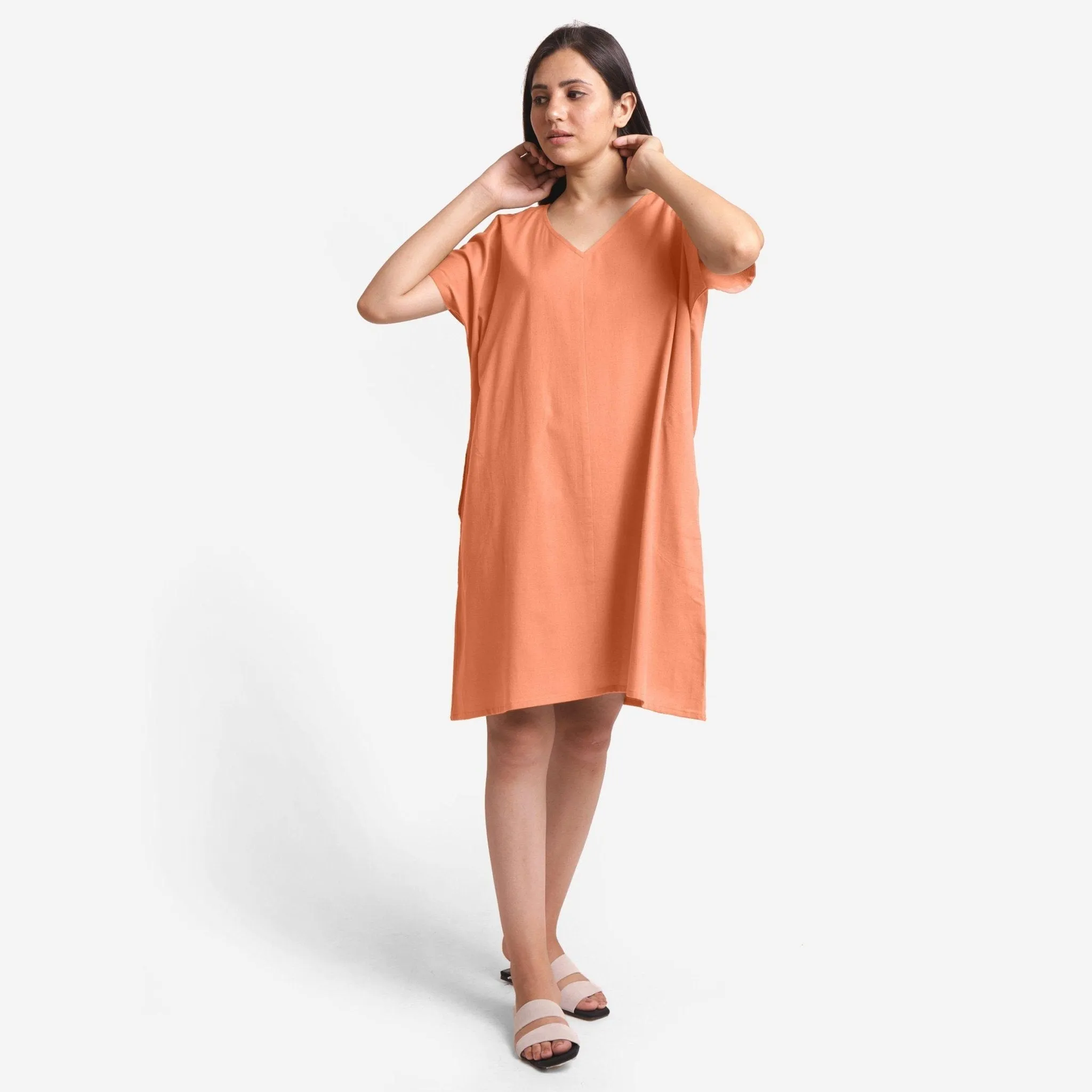 Peach Cotton Flax V-Neck Short Shift Tunic