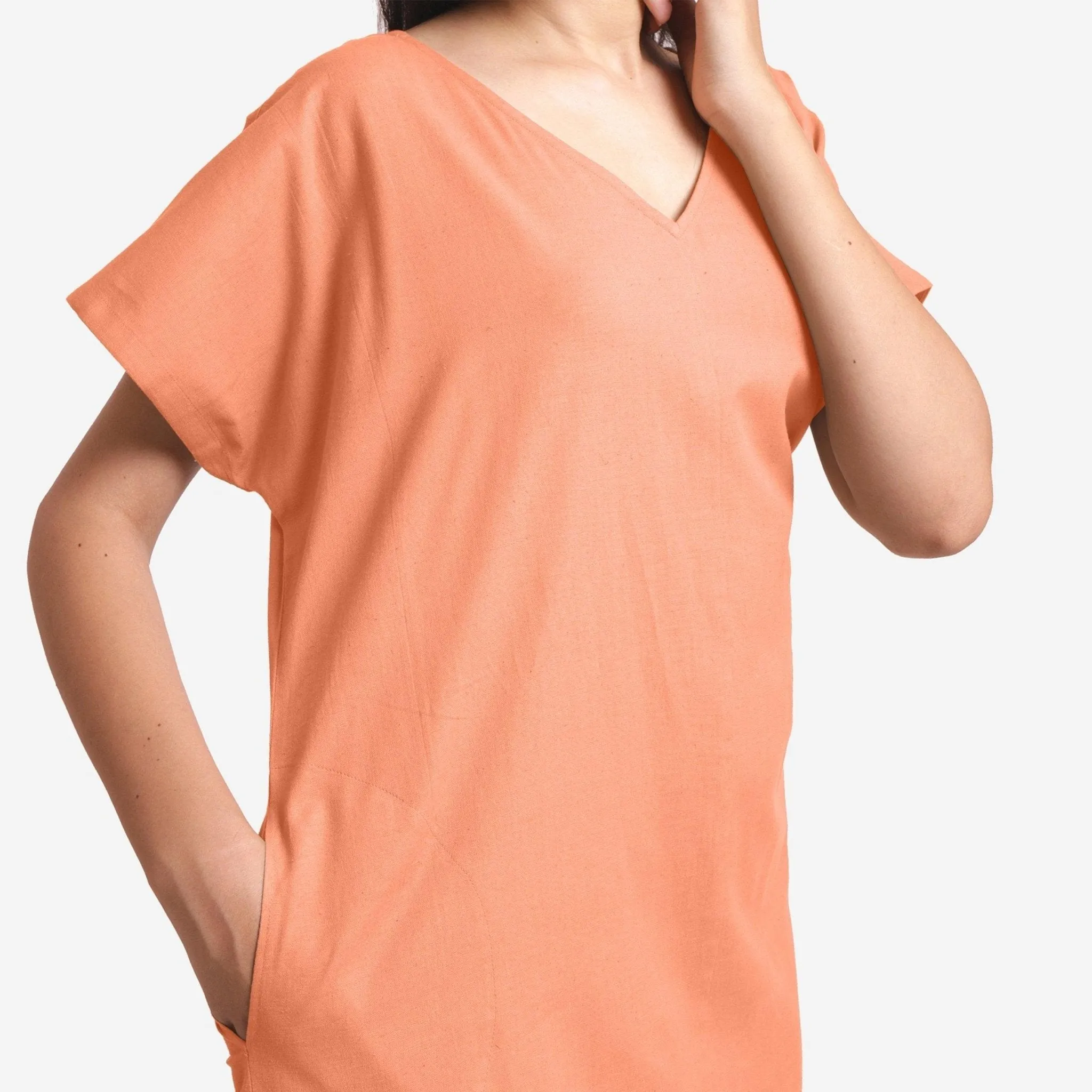 Peach Cotton Flax V-Neck Short Shift Tunic