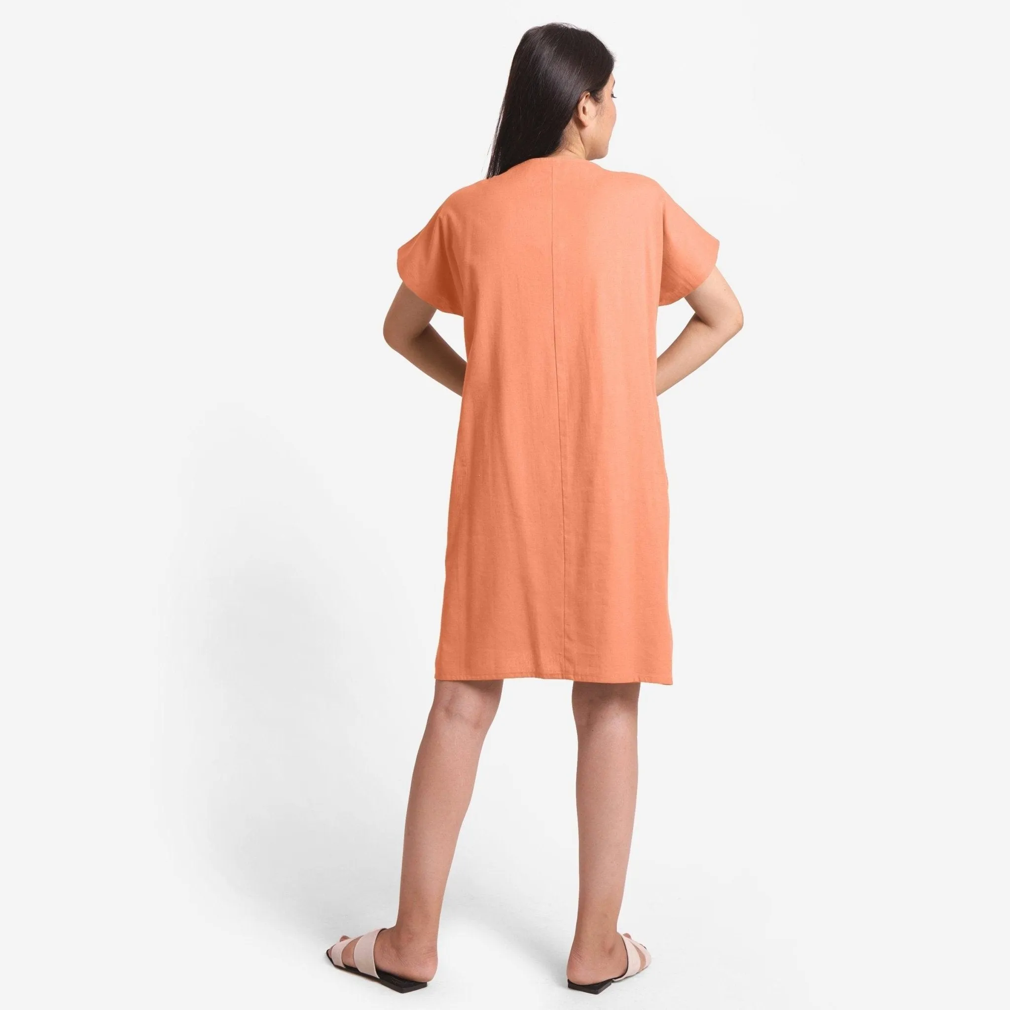 Peach Cotton Flax V-Neck Short Shift Tunic