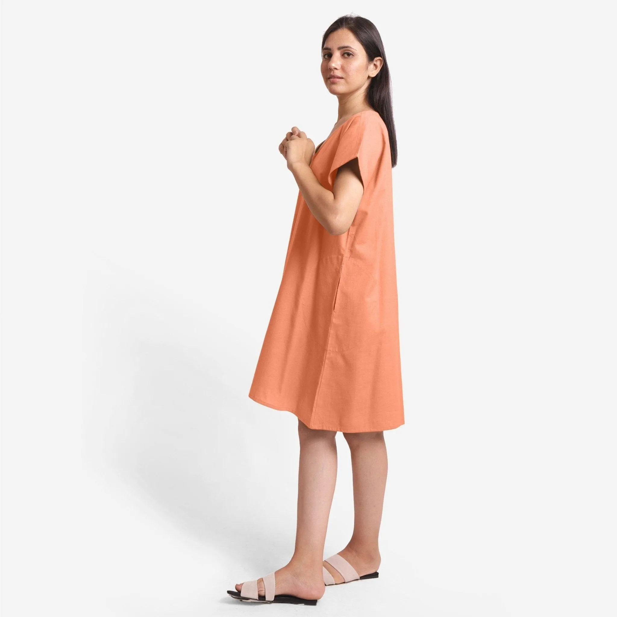 Peach Cotton Flax V-Neck Short Shift Tunic