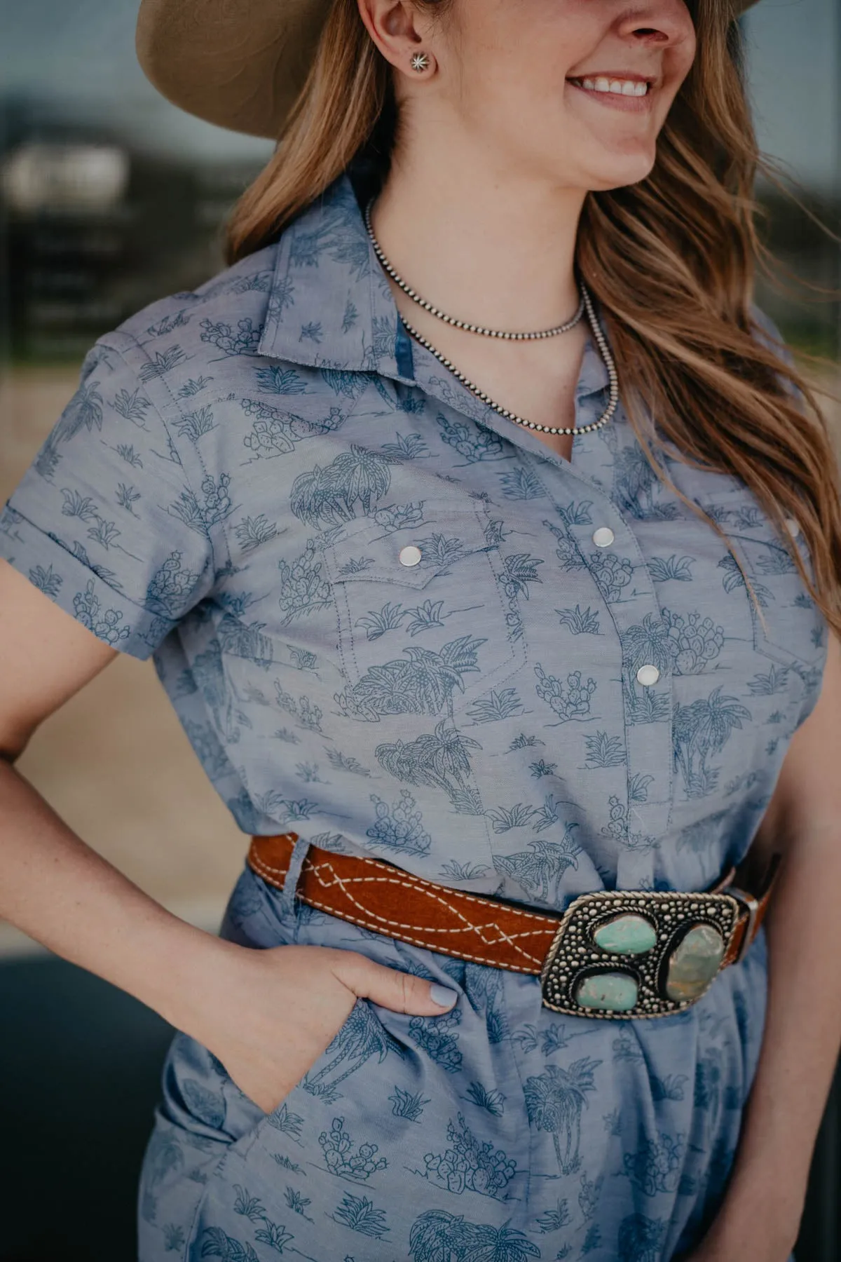 ‘Peyote’ Short Sleeve Pearl Snap Dress (S-XXL)