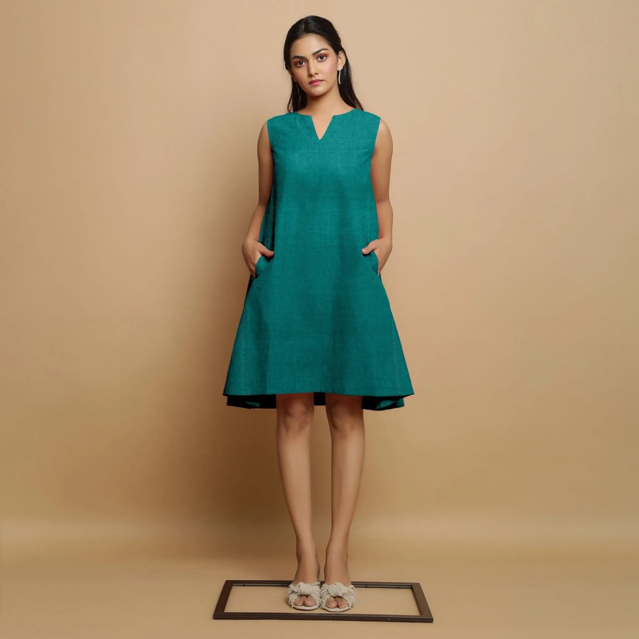 Pine Green Linen Hand-Embroidered Knee-Length Godet Dress