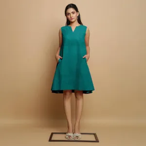 Pine Green Linen Hand-Embroidered Knee-Length Godet Dress
