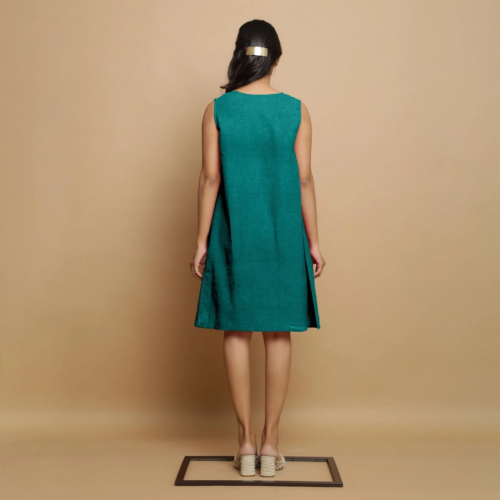 Pine Green Linen Hand-Embroidered Knee-Length Godet Dress