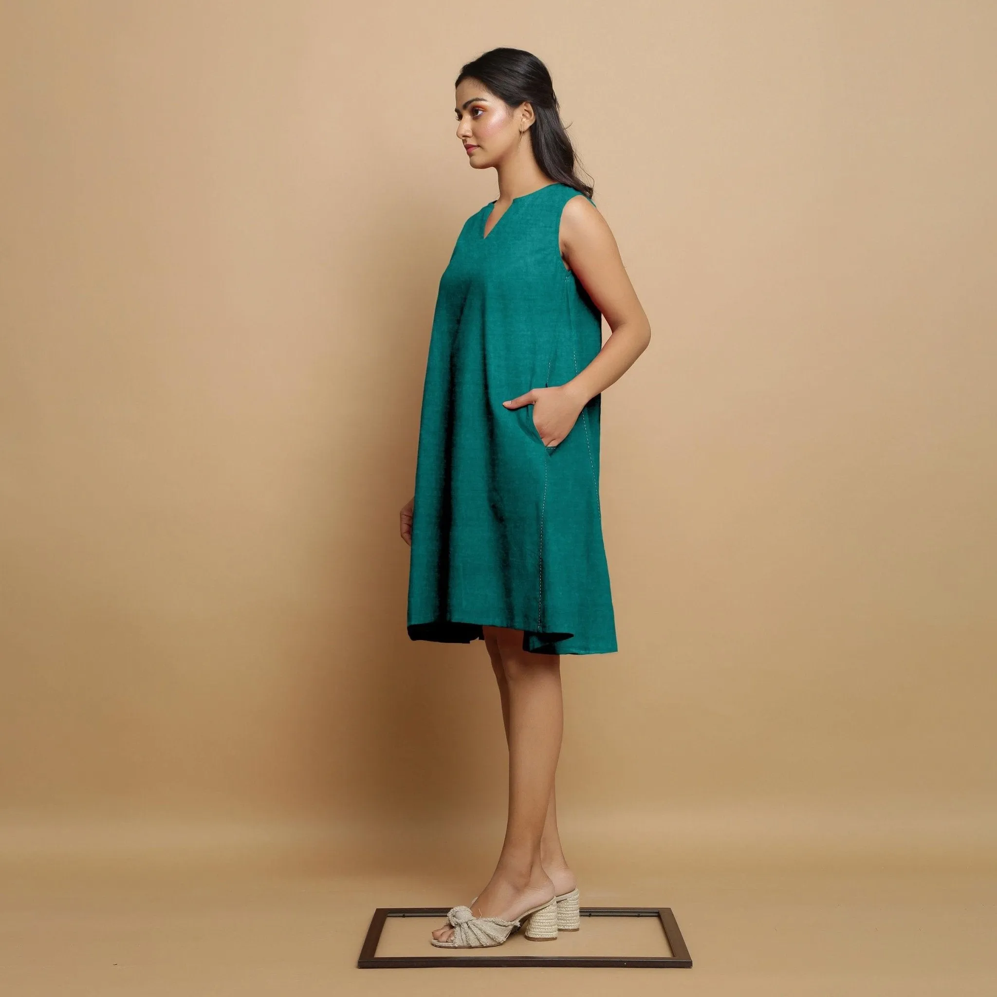 Pine Green Linen Hand-Embroidered Knee-Length Godet Dress