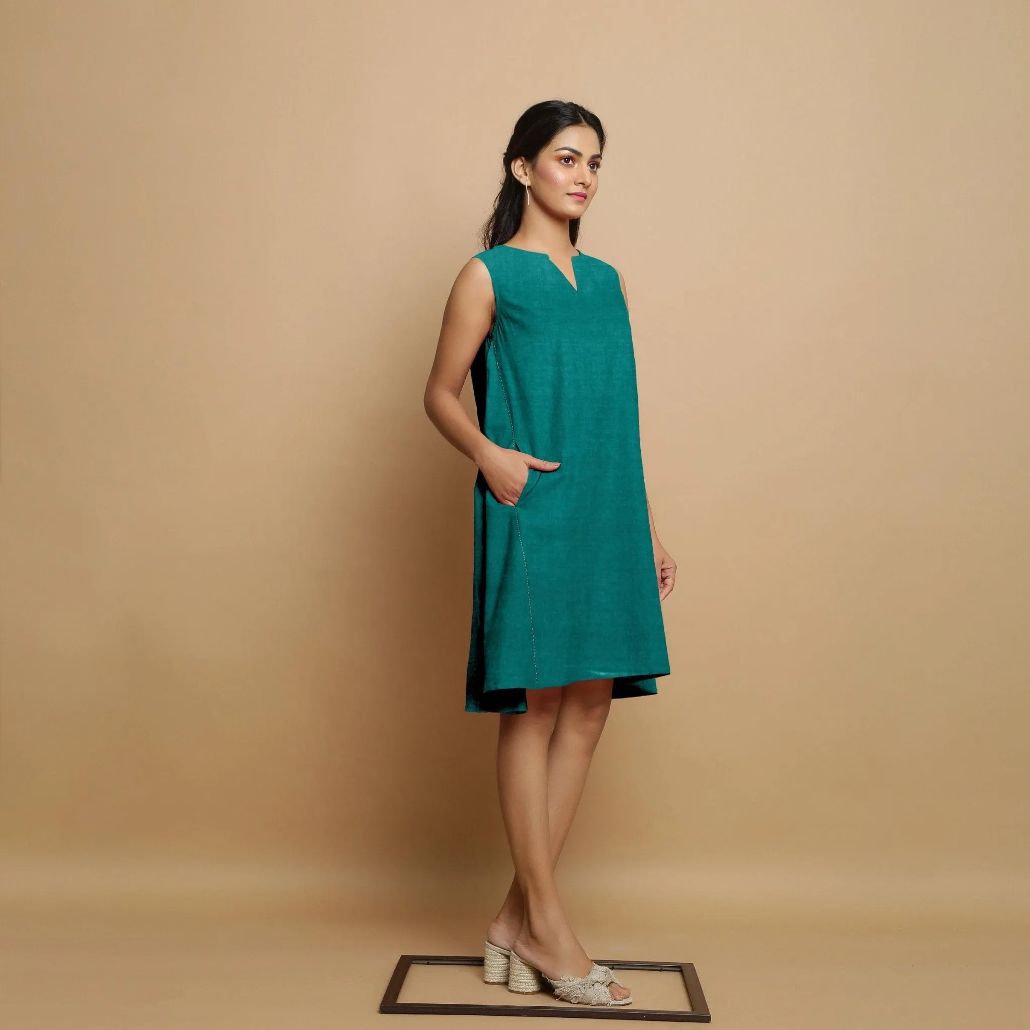 Pine Green Linen Hand-Embroidered Knee-Length Godet Dress