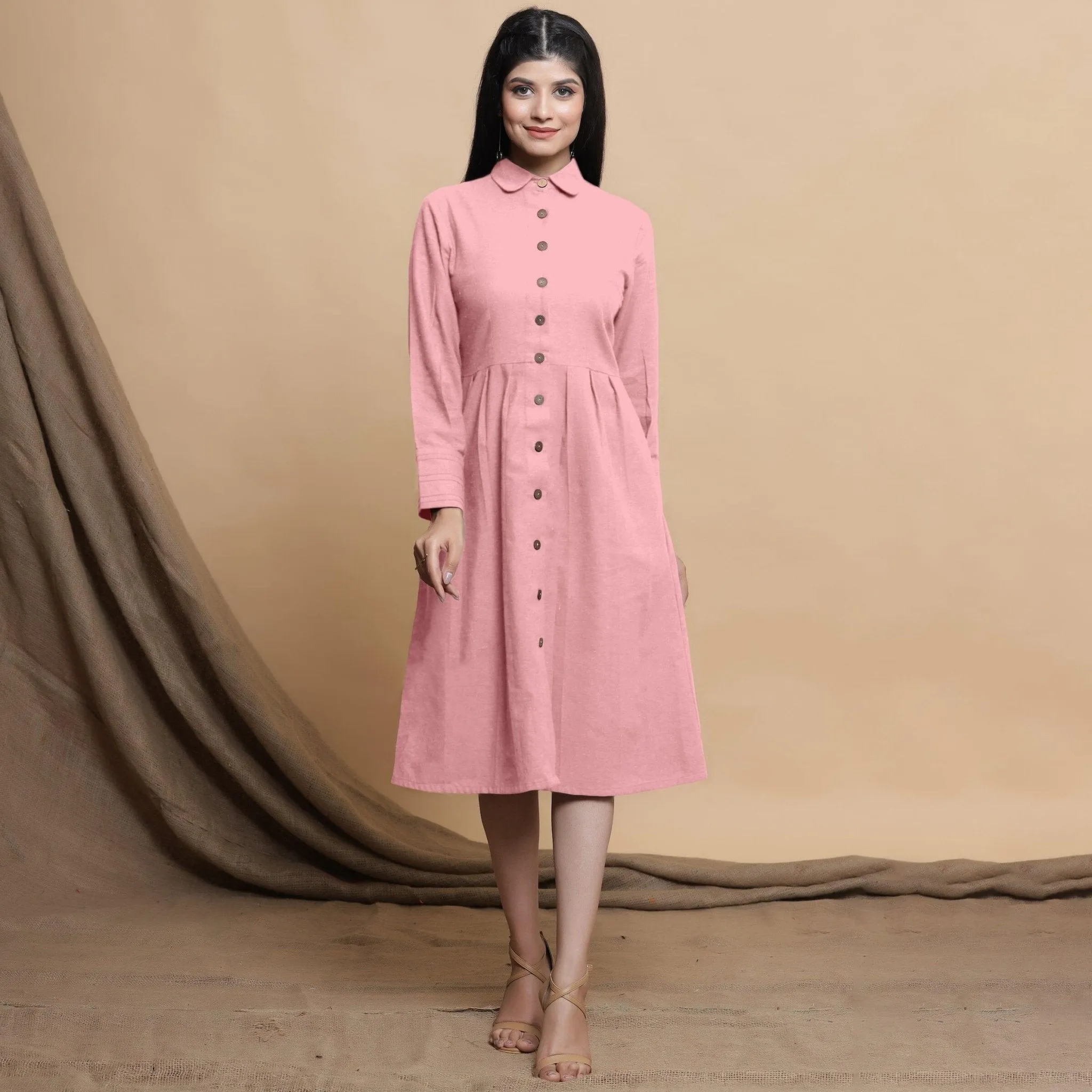 Pink Button Down Cotton Flax Knee Length Formal Dress