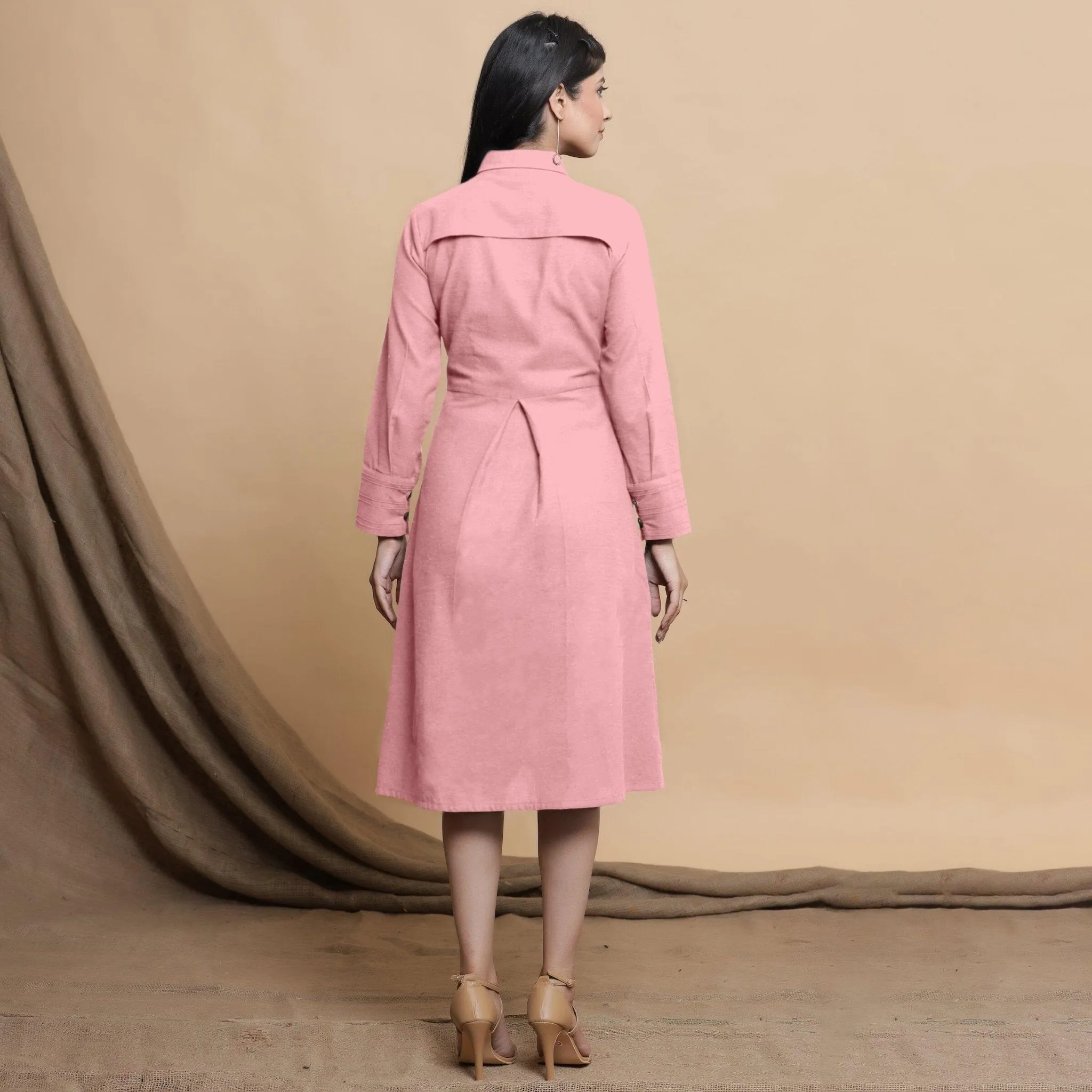 Pink Button Down Cotton Flax Knee Length Formal Dress