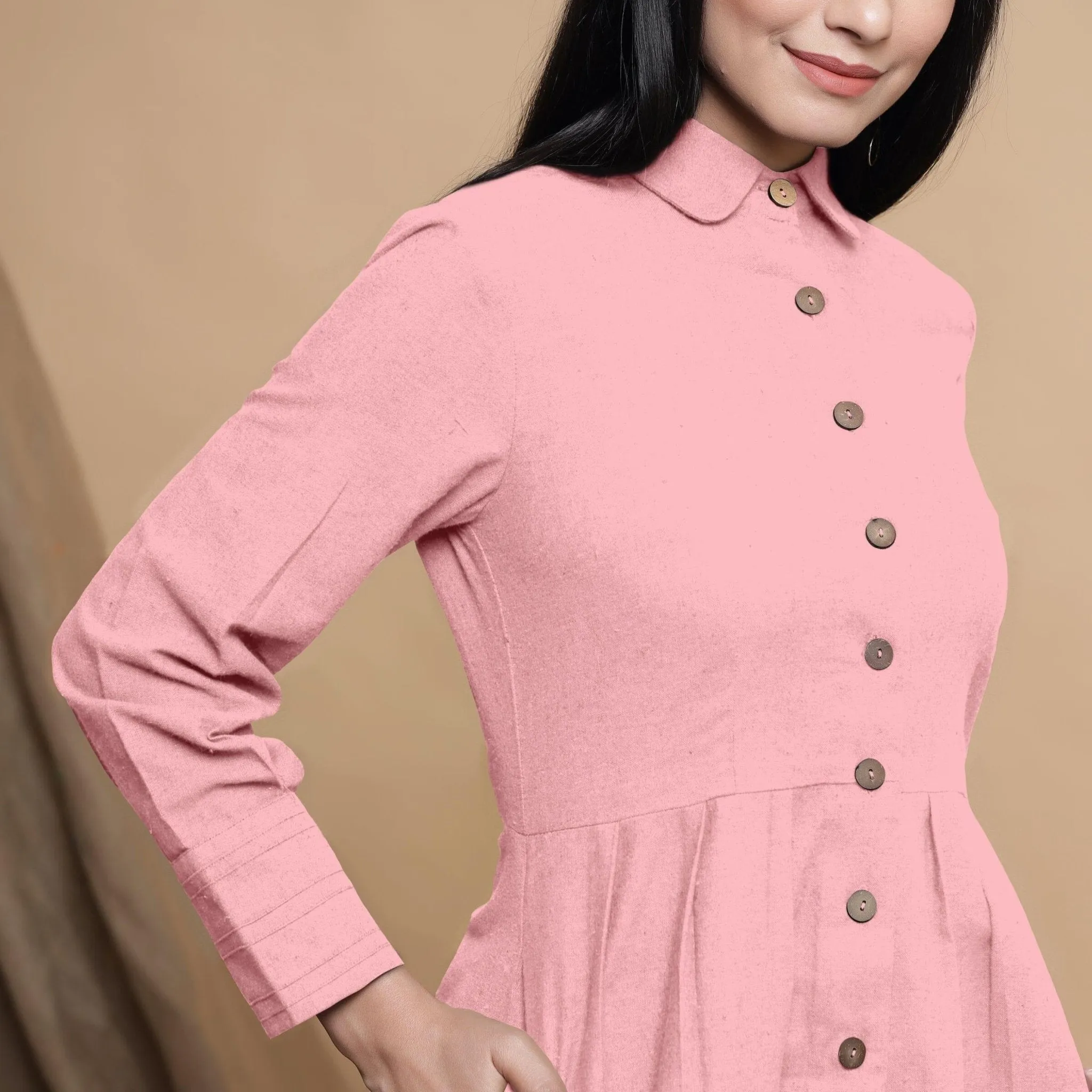 Pink Button Down Cotton Flax Knee Length Formal Dress