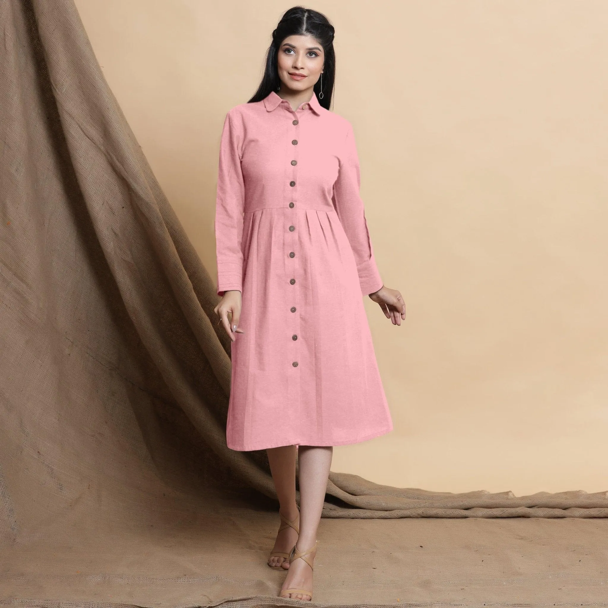 Pink Button Down Cotton Flax Knee Length Formal Dress