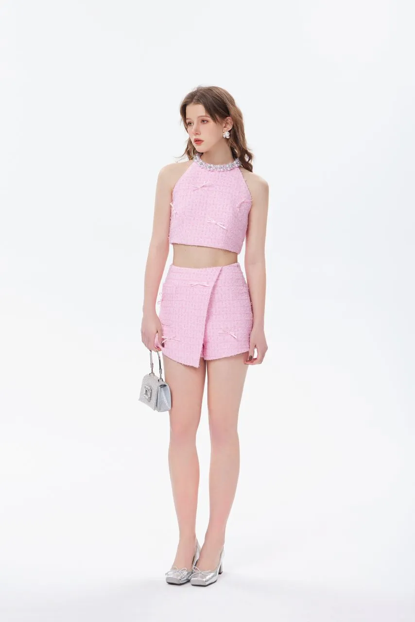 Pink Chambray Pearl Neck Tank Top