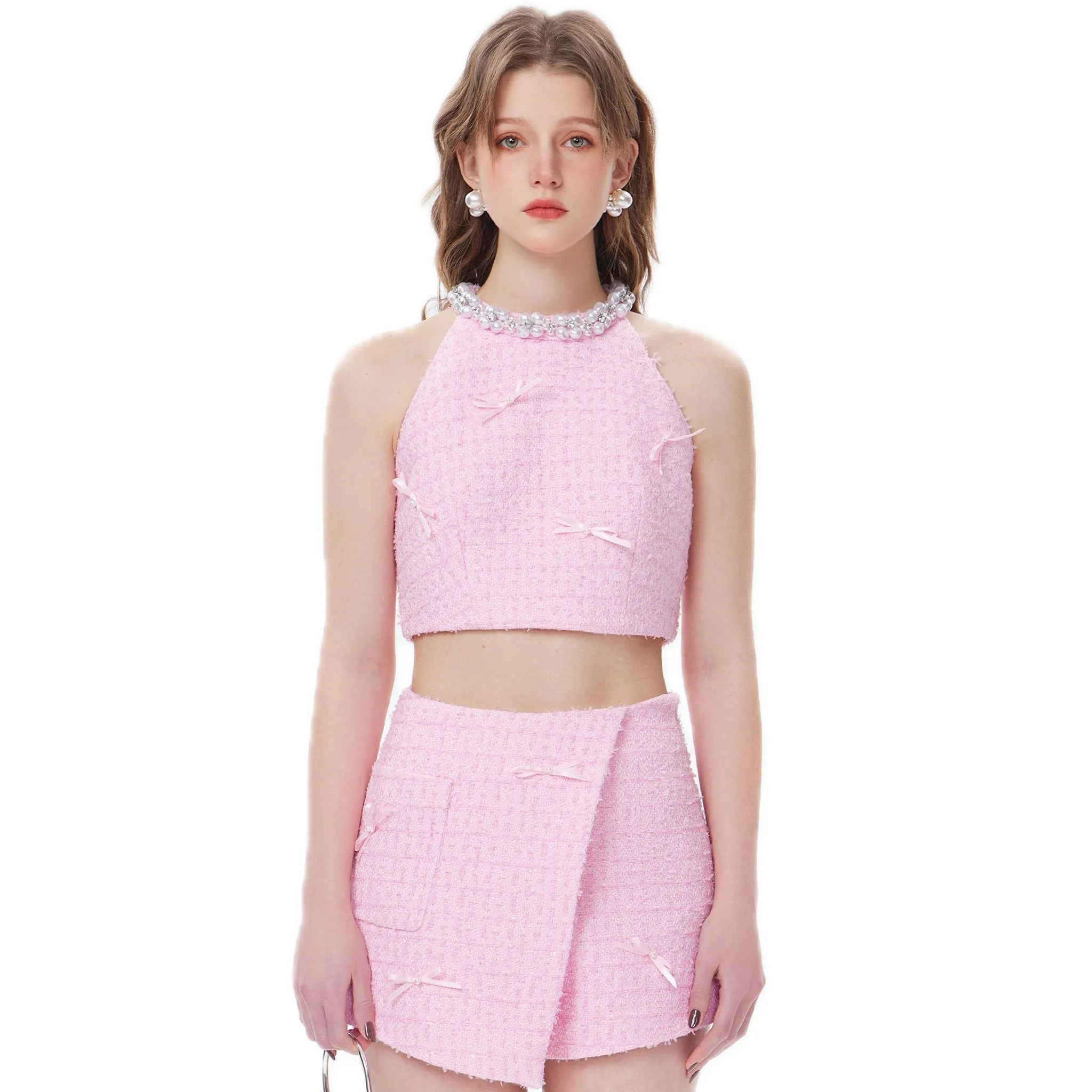 Pink Chambray Pearl Neck Tank Top