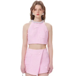 Pink Chambray Pearl Neck Tank Top