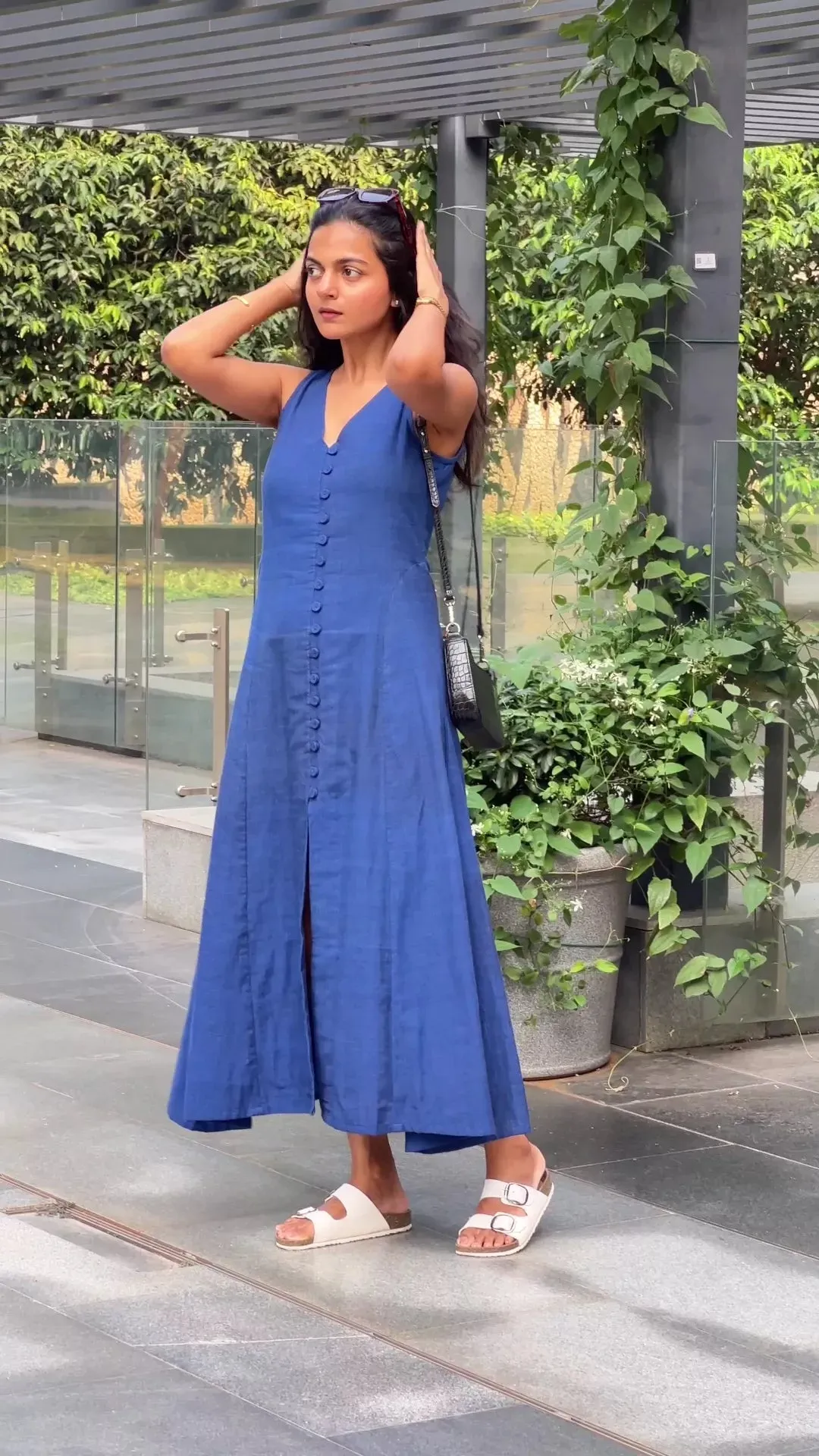 Pink Cotton Flax A-Line Front Slit Maxi Dress