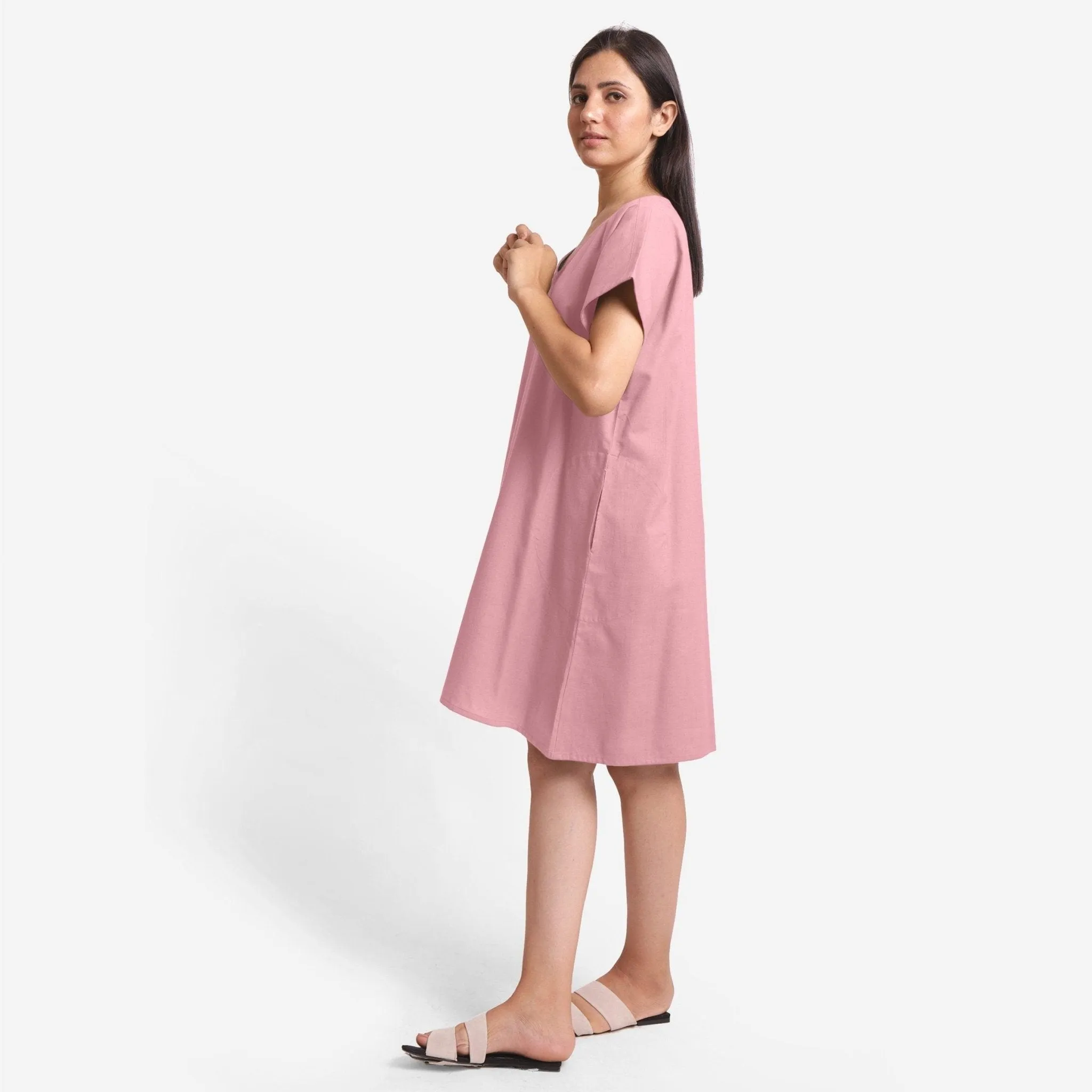 Pink Cotton Flax Loose Fit V-Neck Short Tunic Dress
