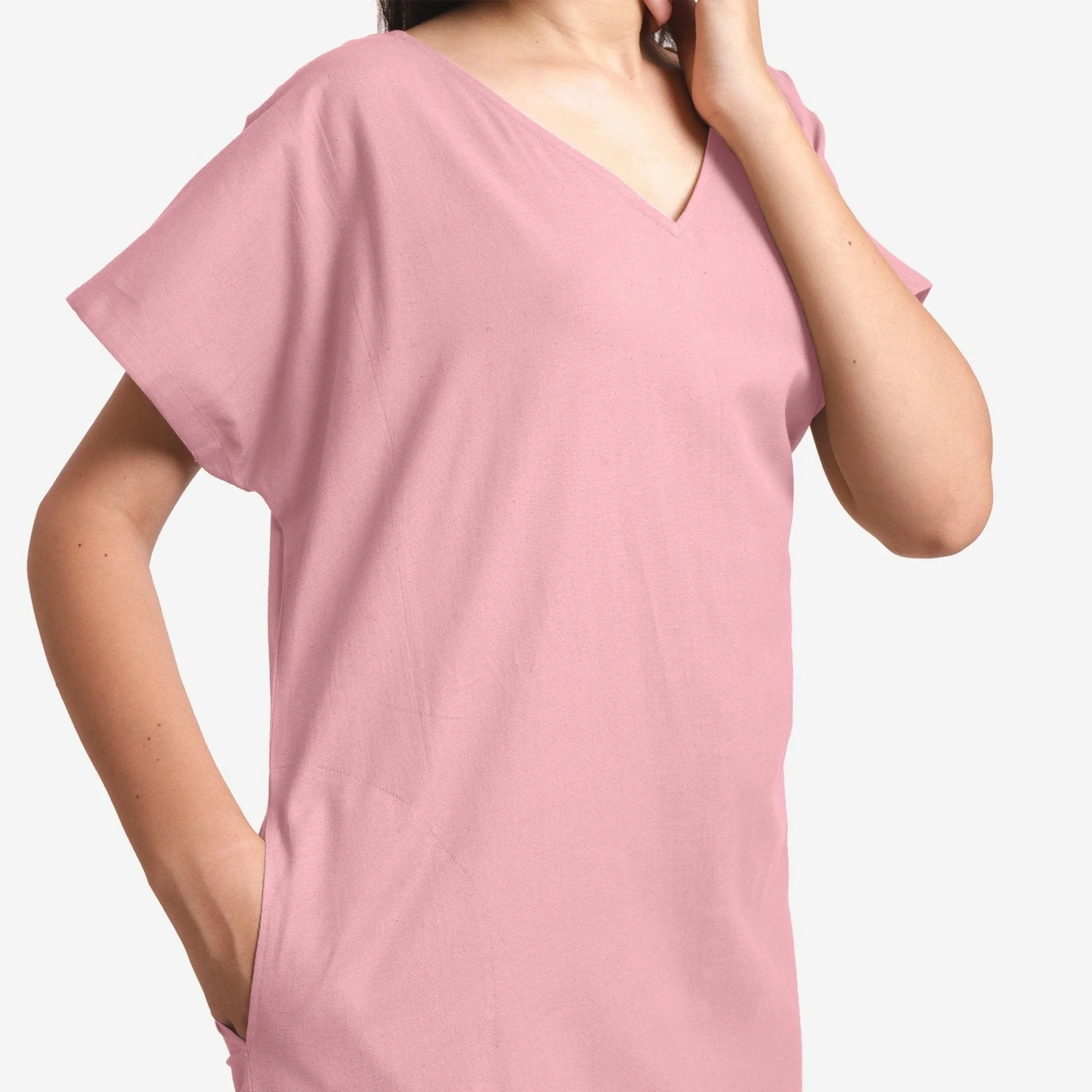 Pink Cotton Flax Loose Fit V-Neck Short Tunic Dress