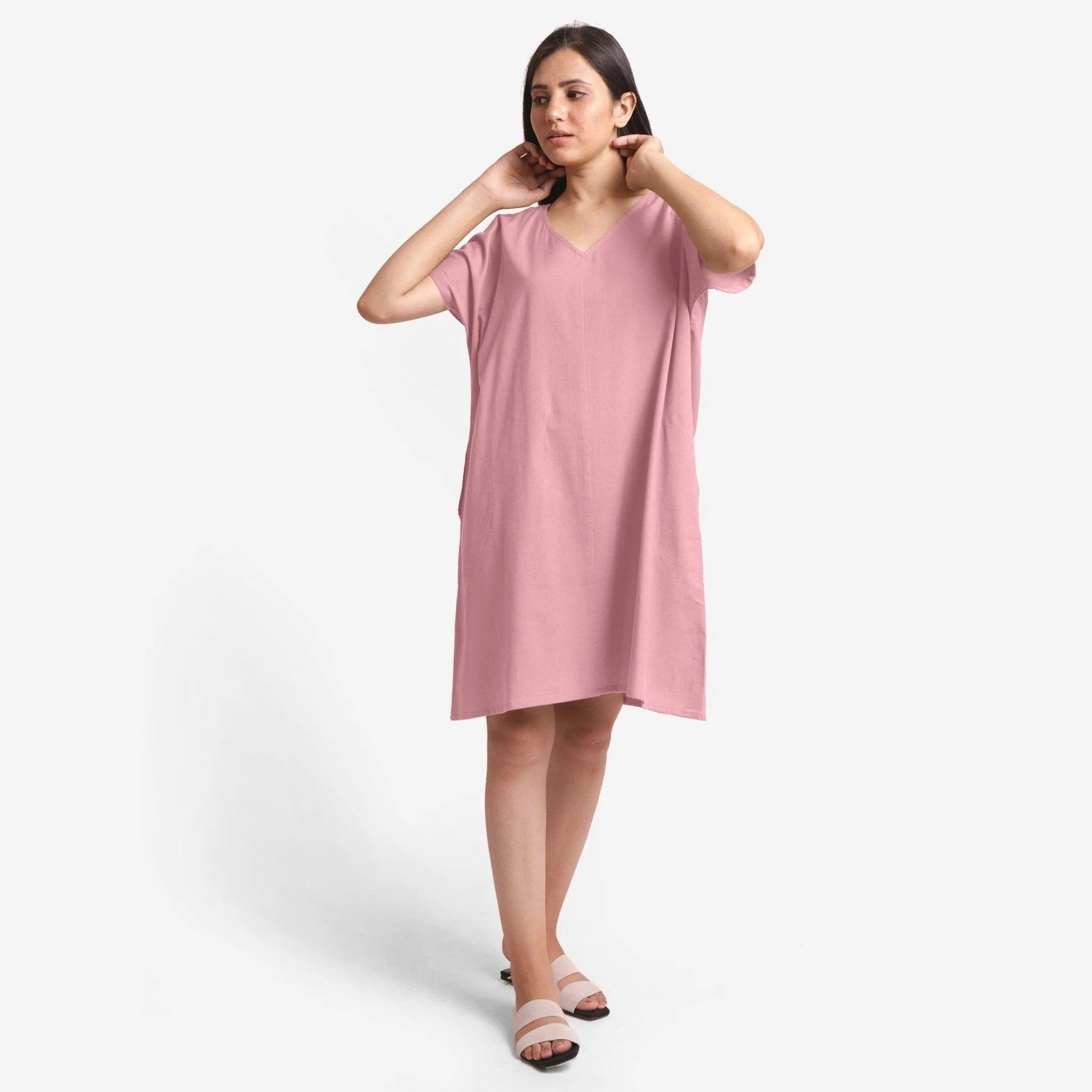 Pink Cotton Flax Loose Fit V-Neck Short Tunic Dress