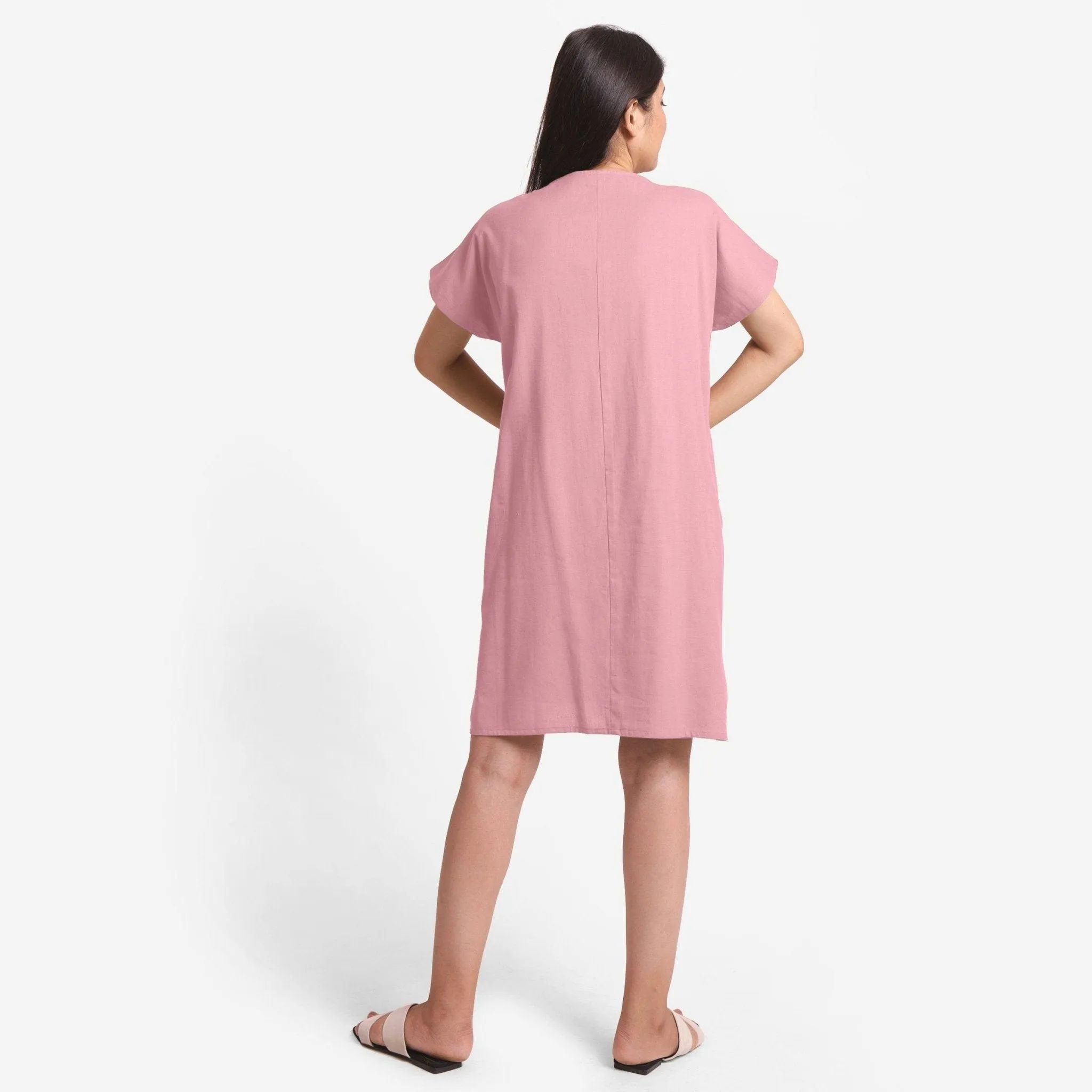 Pink Cotton Flax Loose Fit V-Neck Short Tunic Dress