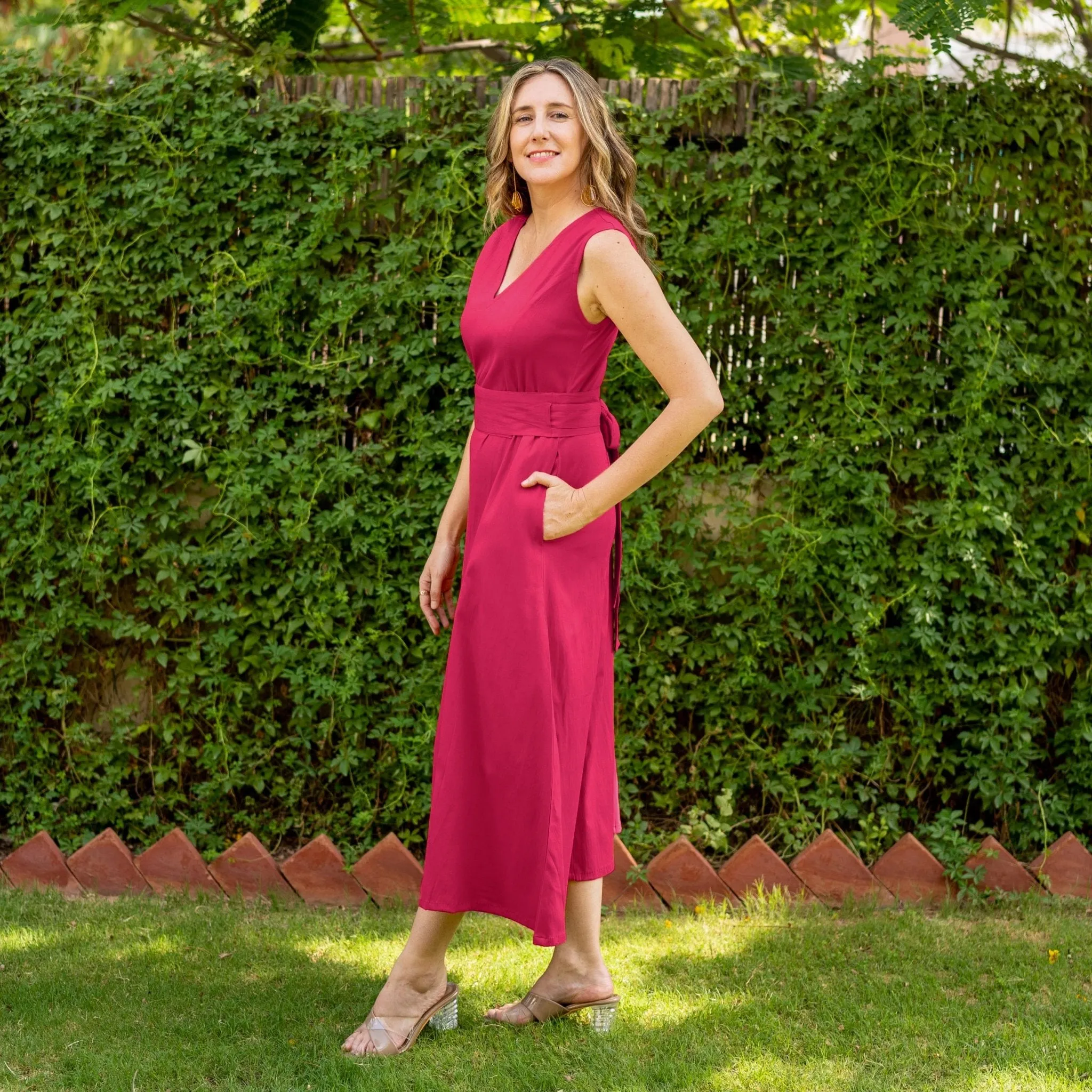 Pink Cotton V-Neck Sleeveless Maxi Dress