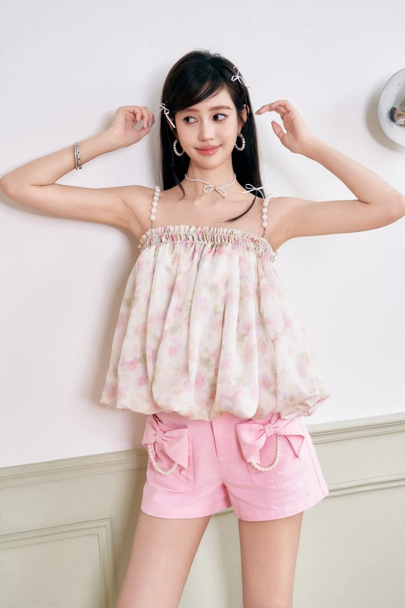 Pink Crushed Floral Hand Beaded Pod Camisole Top