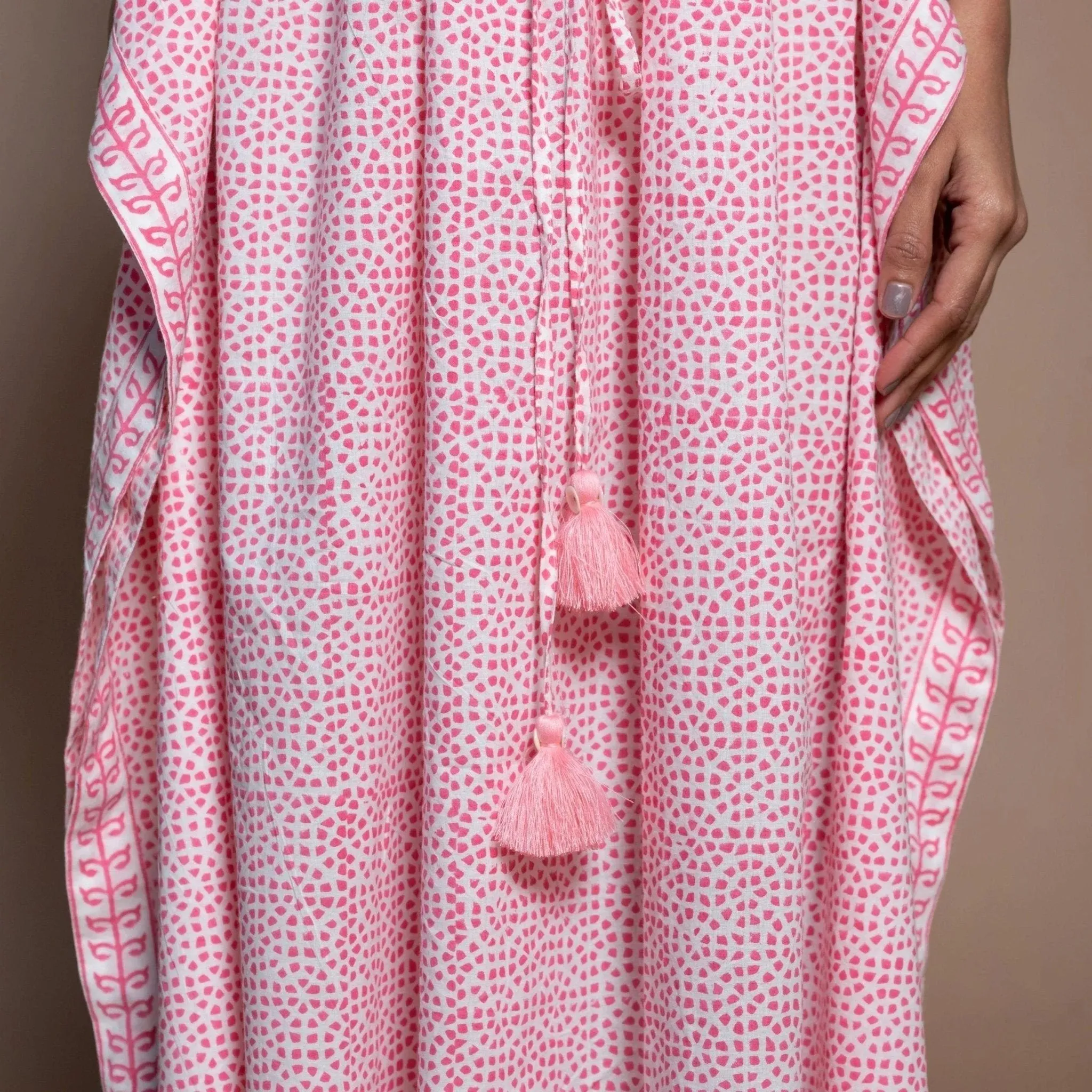 Pink Hand Block Printed Cotton Maxi Kaftan Dress