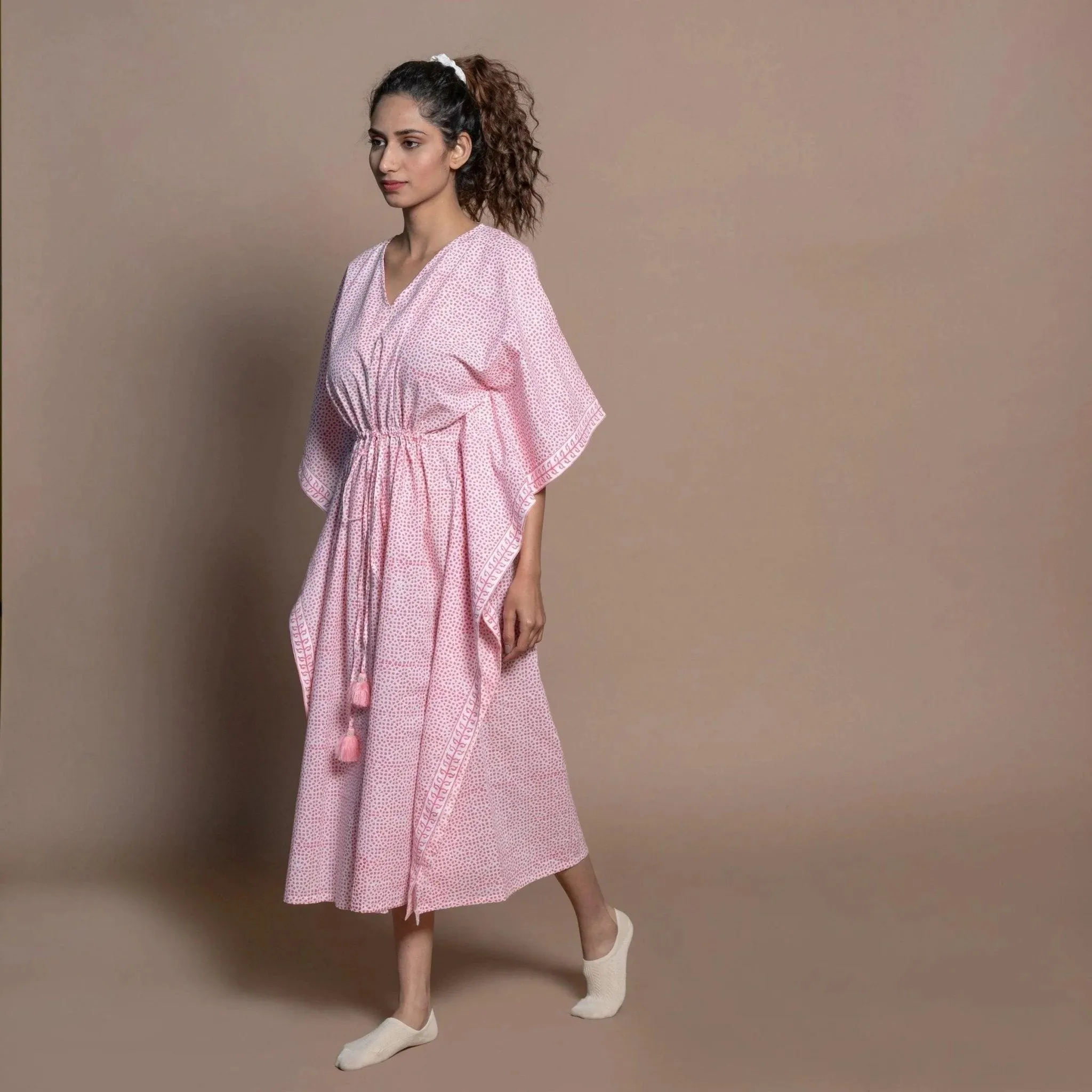 Pink Hand Block Printed Cotton Maxi Kaftan Dress